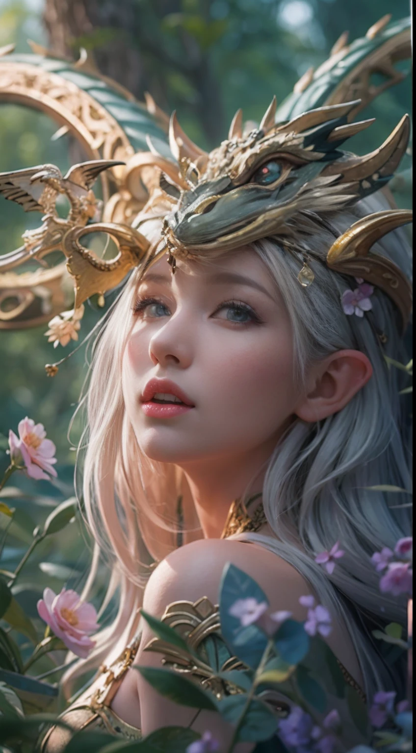 Masterpiece, Best quality, High quality, Extremely detailed Cg Unity 8K wallpaper, An enchanting and dreamy scene of a fantasy forest, (Beauty caresses the dragon: 1.4), Beauty hugging dragon, Complicity is evident in between, creating a sense of mysticism and charm, art stations, Intricate, Uptrend, award winning photography, Bokeh, Depth field, hdr, Blossom, color difference, Photorealistic, Extremely detailed, trending on artstationh, The trend is on CGSociety, Intricate, Highly detailed , Dramatic,((Elf Girl))