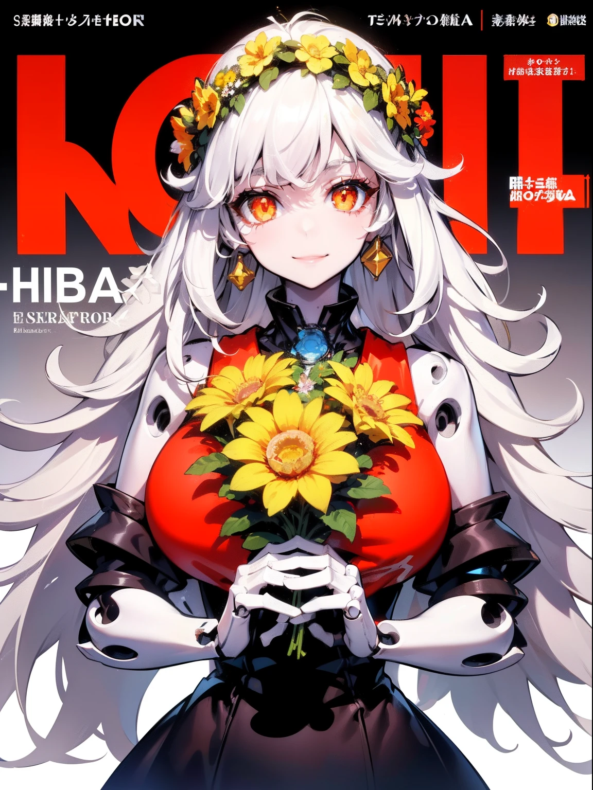 1girl,solo focus, robot girl, humanoid robot,robot joints,orange eyes,white hair,long hair, (colored skin),huge breasts,head wreath, jewelry, black dress, gold trim, sleeveles,upper body,looking at viewer,magazine cover,smile,(flower in hand),holding flower
