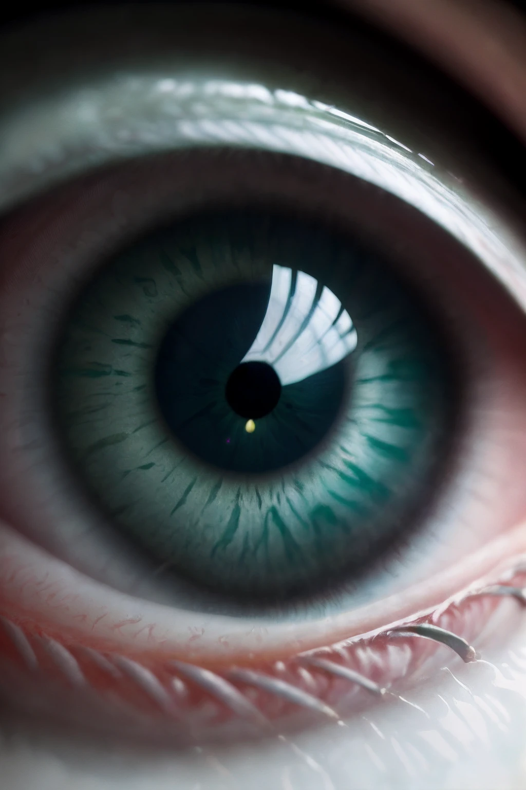 arafed, high details, best quality, 16k, [ultra detailed], masterpiece, best quality, (extremely detailed), dynamic angle, ultra wide shot, RAW, photorealistic, a extreme magnified picture of the human eye, green iris, a full moon being reflected on the iris, 3D rendering, [[anatomically correct]]