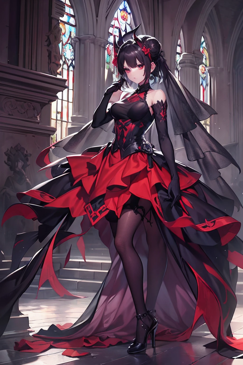 1 girl, demon girl, solo, black hair, short straight hair, gloves, bun updo, side bangs, long horns, ultra detailed red and black eyes, slit_pupils, gothic dress, sleeveless gothic dress, light gothic dress, skirtless gothic dress, ruined gothic cathedral in background, dim lighting, warm colours, fascinator, veil covering face, beautiful pose, serious expression