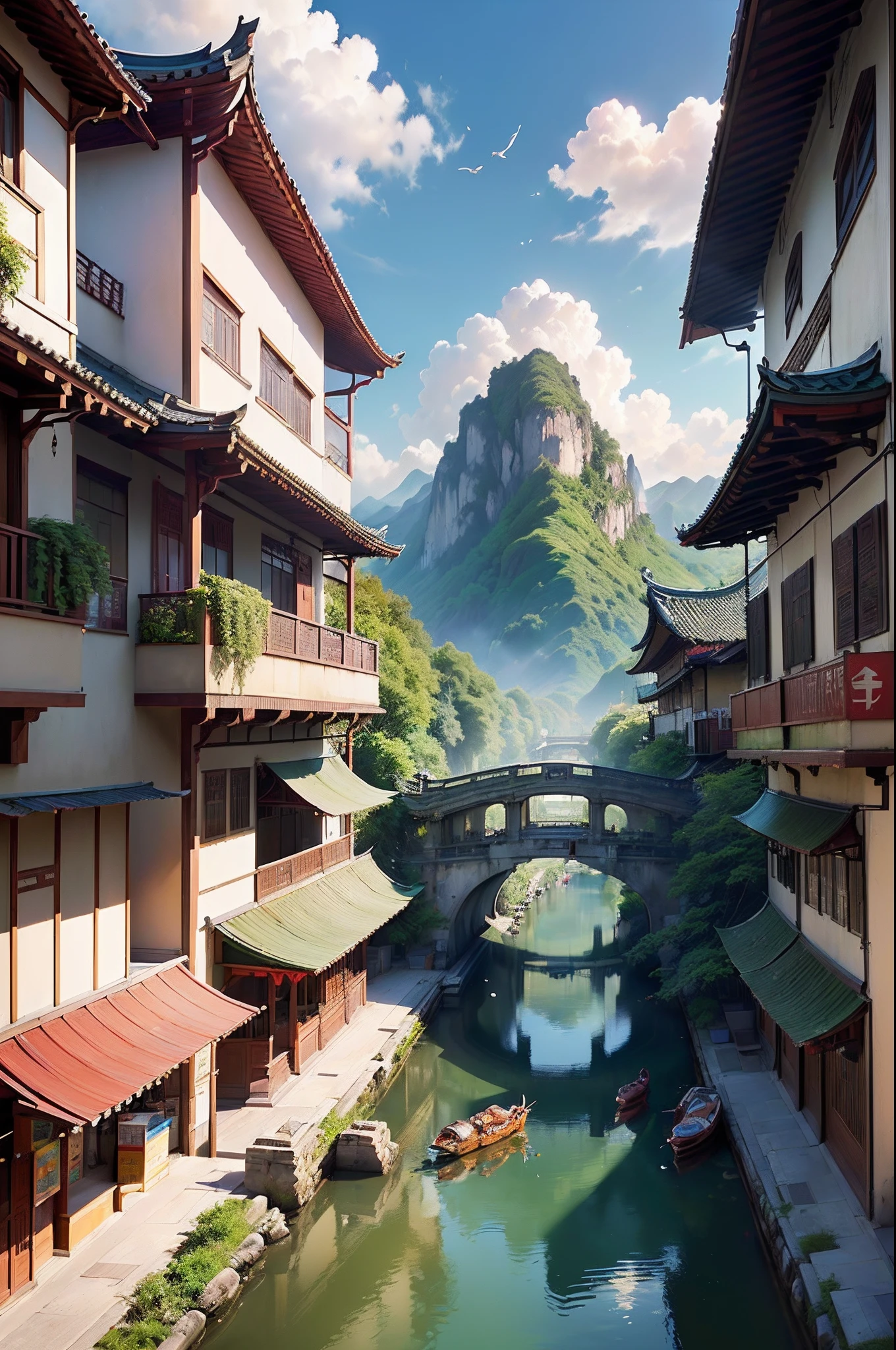 ((Need)), ((tmasterpiece)), (A detailed),,Green water and green mountains、There are flocks of birds in the sky、with blue sky and white clouds、Grass grows warblers fly、Lingnan style building complex background,Lingnan style architectural decoration。Lively bazaar,Bustling streets,small bridge flowing water,Heavy traffic,There is a shop with a confectionery shop sign,and some other vendors。(Detailed cloud view:1.3), (A high resolution:1.2)