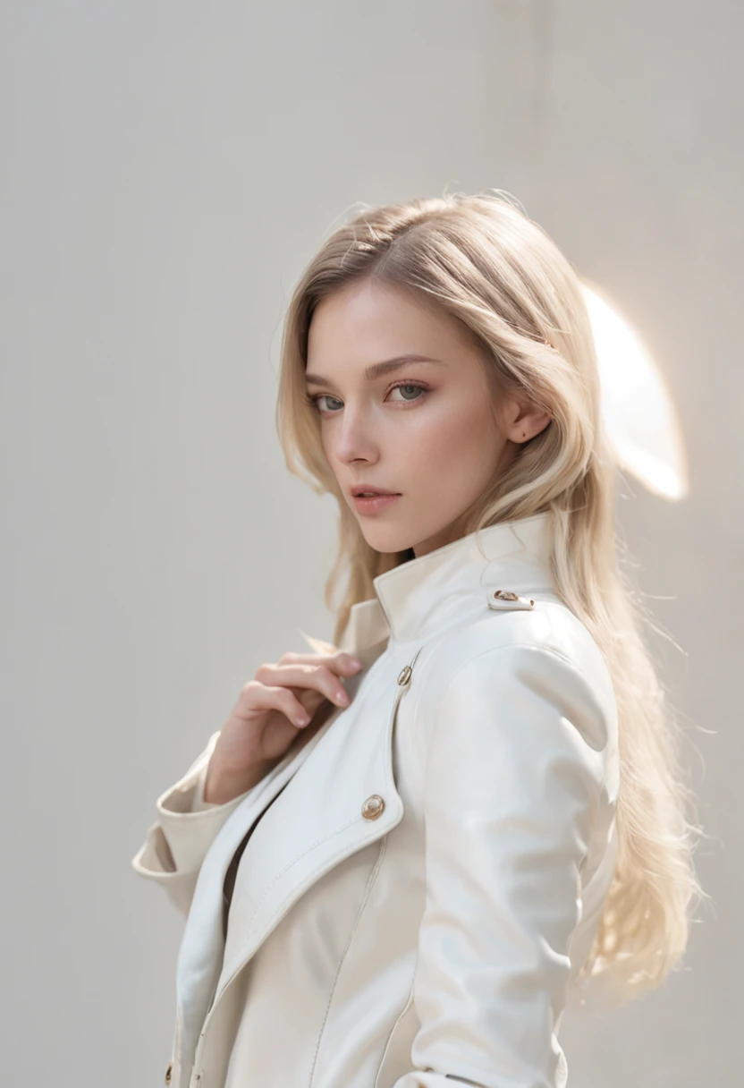 White silk girl high quality white leather coat,The light and shadow effects are intense,tightsuit,Cool mask,Sunlight High resolution Golden ratio