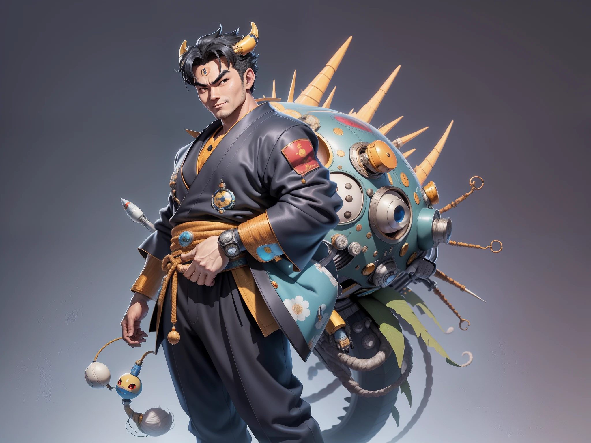 (Masterpiece), (Excellent), (Super Meticulous), (Full Body: 1.2), Super Young Man, Oriental Face, Japanese Kimono, Japanese Wind Thunder God, Dragon, Tiger, TV Anchor, Bust Portrait Illustration, Alone, Black Suit, Blue Tie, Slightly Chubby Face, Very Clean Face, No Beard, Black Super Short Hair, Black Eyes, Confident Smile, 3c Computer Sub-Products, iPad, iPhone, Digital Painting, 3D Character Design by Akira Toriyama and Mark Claireden and Pixar and Hayao Miyazaki, The illustration is a high-definition illustration in 4K resolution with very detailed facial features and cartoon-style visuals.