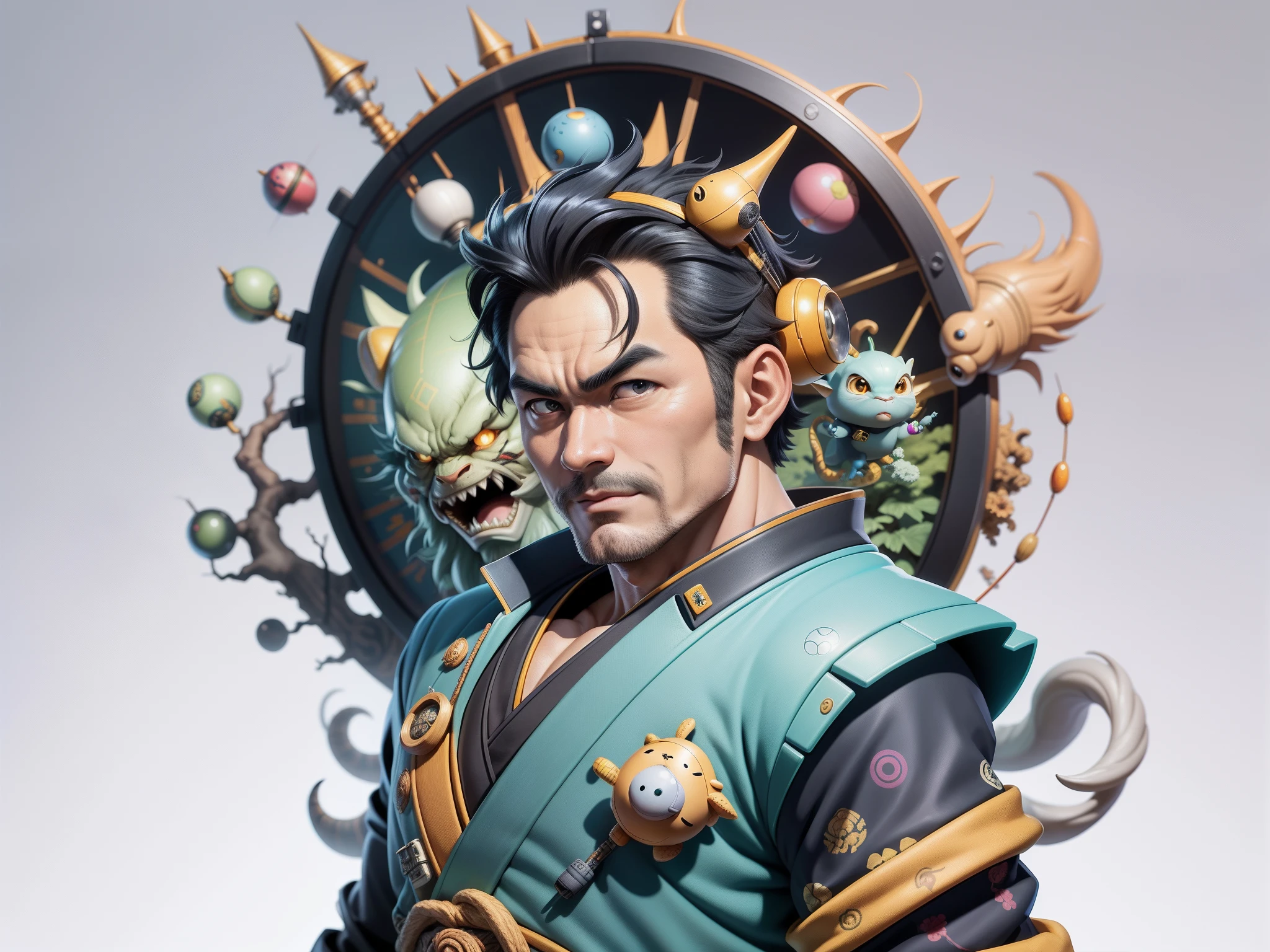 (Masterpiece), (Excellent), (Super Meticulous), (Full Body: 1.2), Super Young Man, Oriental Face, Japanese Kimono, Japanese Wind Thunder God, Dragon, Tiger, TV Anchor, Bust Portrait Illustration, Alone, Black Suit, Blue Tie, Slightly Chubby Face, Very Clean Face, No Beard, Black Super Short Hair, Black Eyes, Confident Smile, 3c Computer Sub-Products, iPad, iPhone, Digital Painting, 3D Character Design by Akira Toriyama and Mark Claireden and Pixar and Hayao Miyazaki, The illustration is a high-definition illustration in 4K resolution with very detailed facial features and cartoon-style visuals.