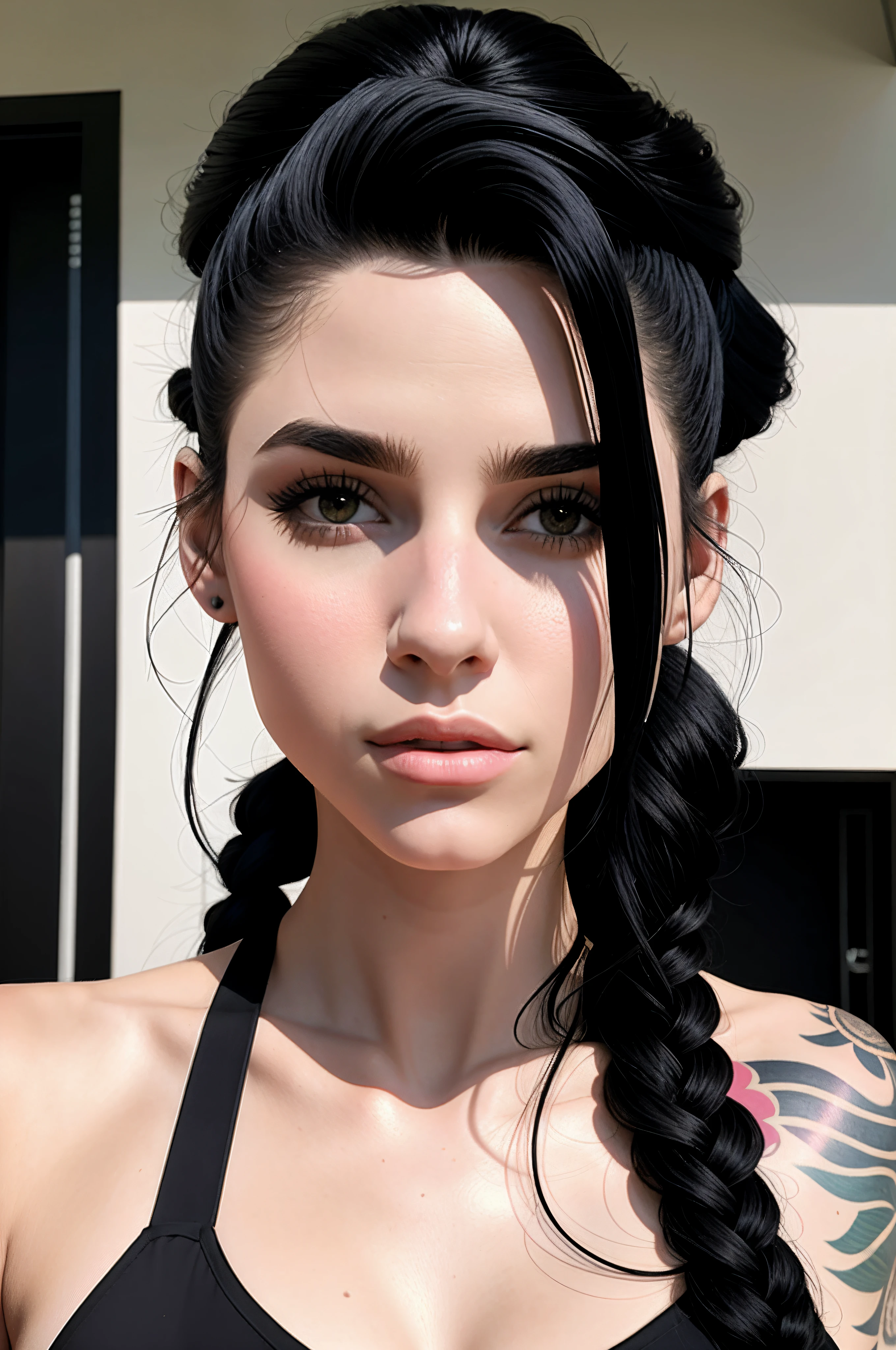 A closeup of a beautiful woman with a tattoo on her arm, atraente, Foto de perfil do headshot, cabelo e maquiagem escuros, cabelo escuro maravilhoso, with pale skin, pale glowing skin, She has black hair, messy black hair, pale fair skin!!, meninaabelo preto, Kaitlyn Michelle Siragusa, cabelo preto rosto bonito, pale skin!, cabelos escuros