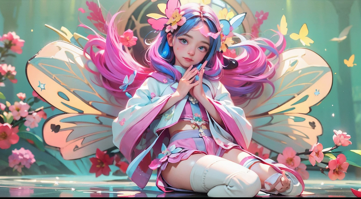 Octane Render、nffsw、(Hyper-detailing: 1.15)、(Soft light、sharp: 1.2)、songstress、full body Esbian、ultradetailed eyes、Full Paint、Splash、(Floral hair ornament、butterfly hair ornament)、 masutepiece、Anatomically correct、Sing as if floating in the light