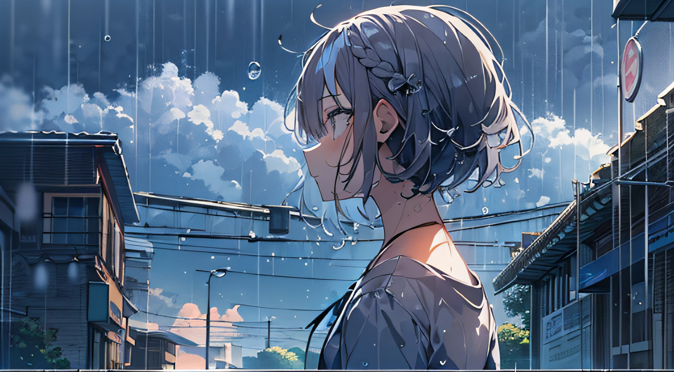 masutepiece, Best Quality,Illustration, Wallpaper, Ultra Detail, absurderes, 1girl in, Solo, (Medium short hair、short braided hair), Beautiful detailed eyes, rainfall、water dripping、wetting hair , Looking to the side, (Street:1.5), Cloudy sky、Distant Moon