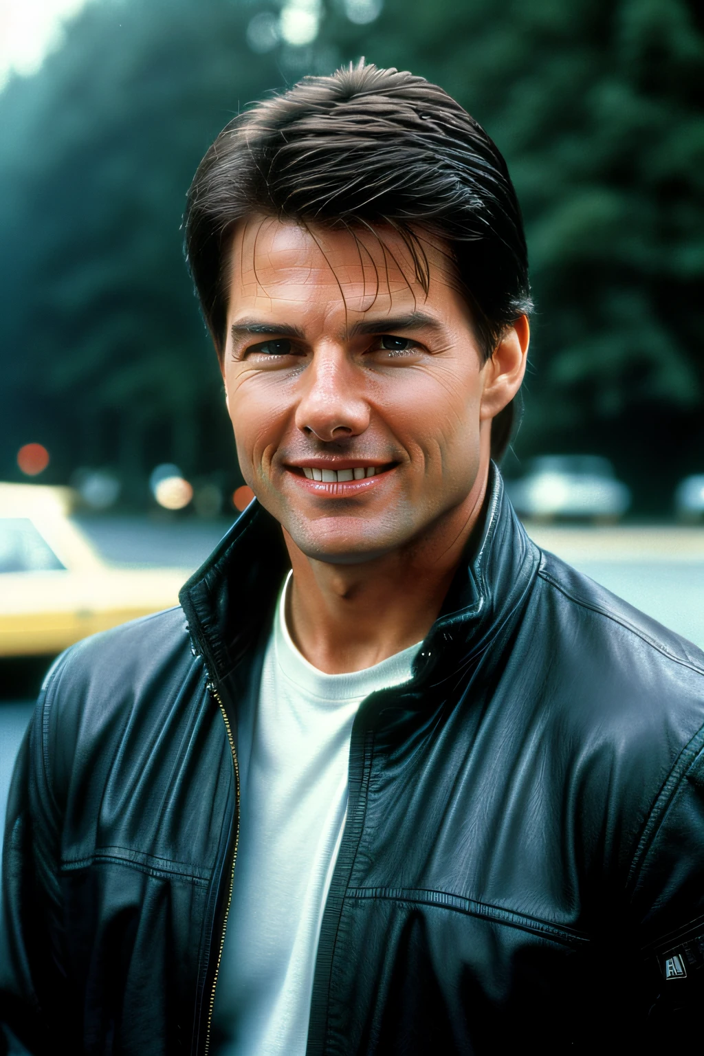 Tom Cruise, Color photograph from the 1980s, stunning art, taken in the 1980s, 25 years old, Accurate, Textured skin, smile, 1980s style, from the movie "Rain Man", young
