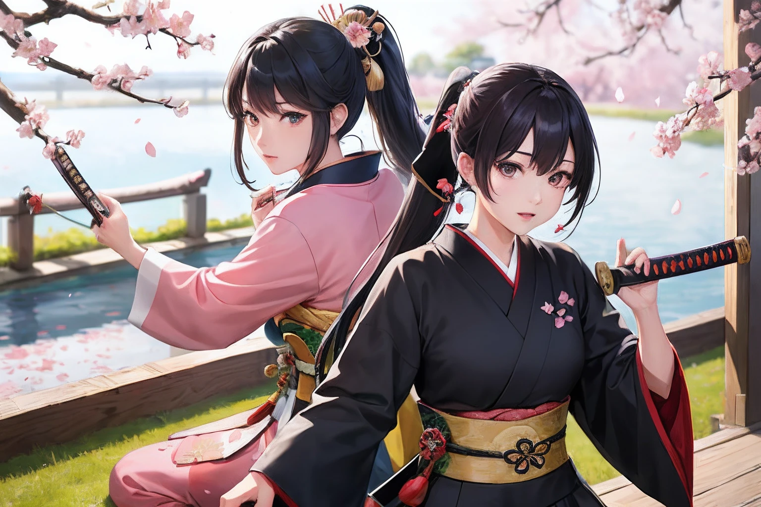 (​masterpiece:1.5), illustratio, 4K, 8K, (high-level image quality:1.1), high-detail, 详细的脸, nffsw, vivd colour, natural soft light, cosplay foto, japanese live action movie、2girls、Pretty eyes, finely eye, Black eyes, beautiful countenance、length hair、A dark-haired、High Ponytail, ((having katana))、Woman in Kimono、Japanese Katana Sword、Fighting Girls、Dynamic Pose、Kembu、serious facial expression、Japanese garden、springtime、cherry trees、((Cherry blossom petals)),