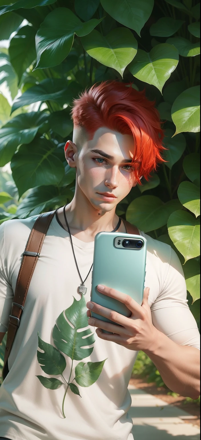 Boy with Phone futuristic leaf background realistic face, Red Hair ultra high quality HD