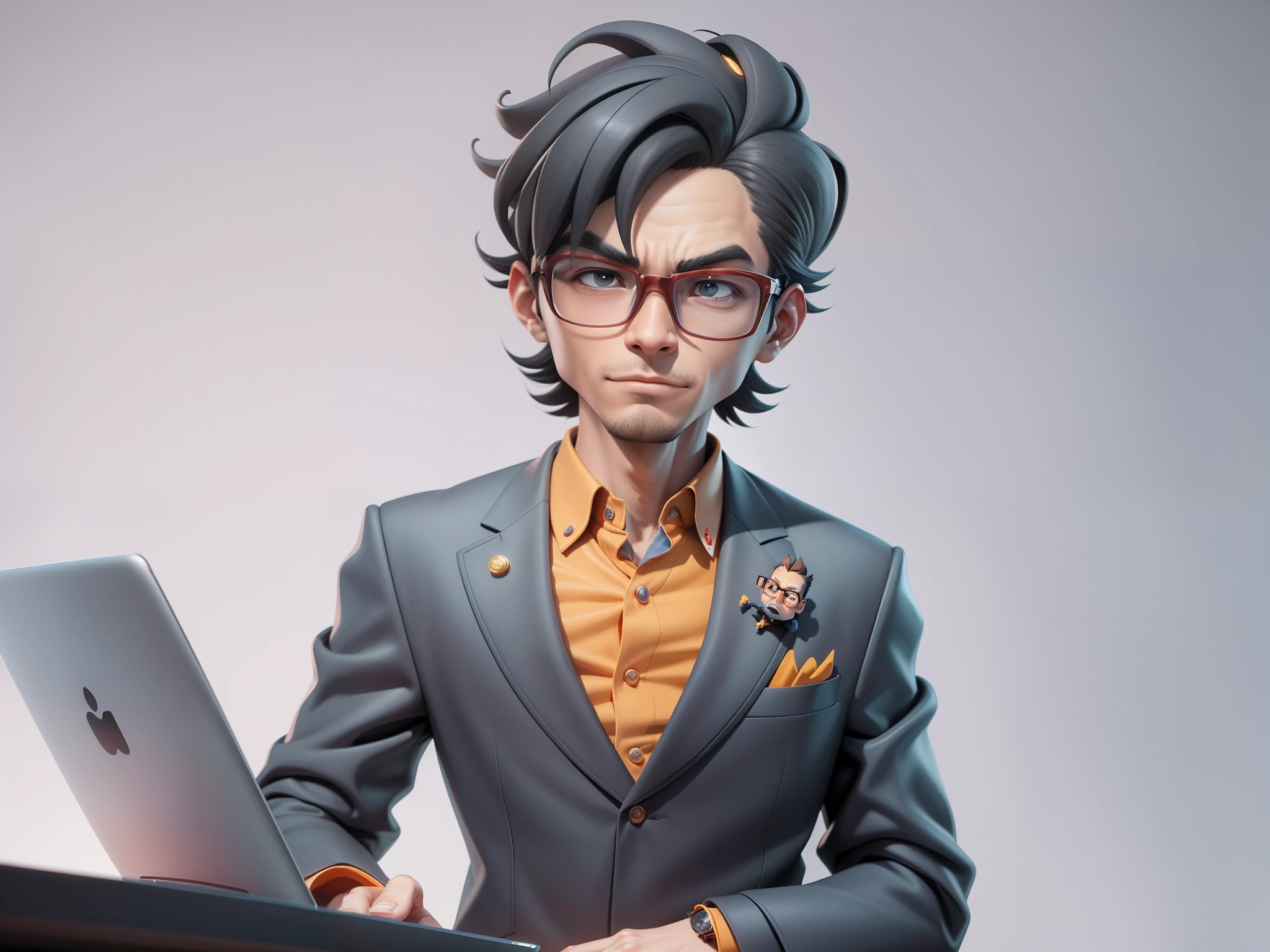 A young man in a suit, Short hair and glasses sat at his desk,holding laptop,digitial painting,tigre,3D character design by Mark Clairen and Pixar and Hayao Miyazaki and Akira Toriyama,4K HD illustration,Very detailed facial features and cartoon-style visuals。