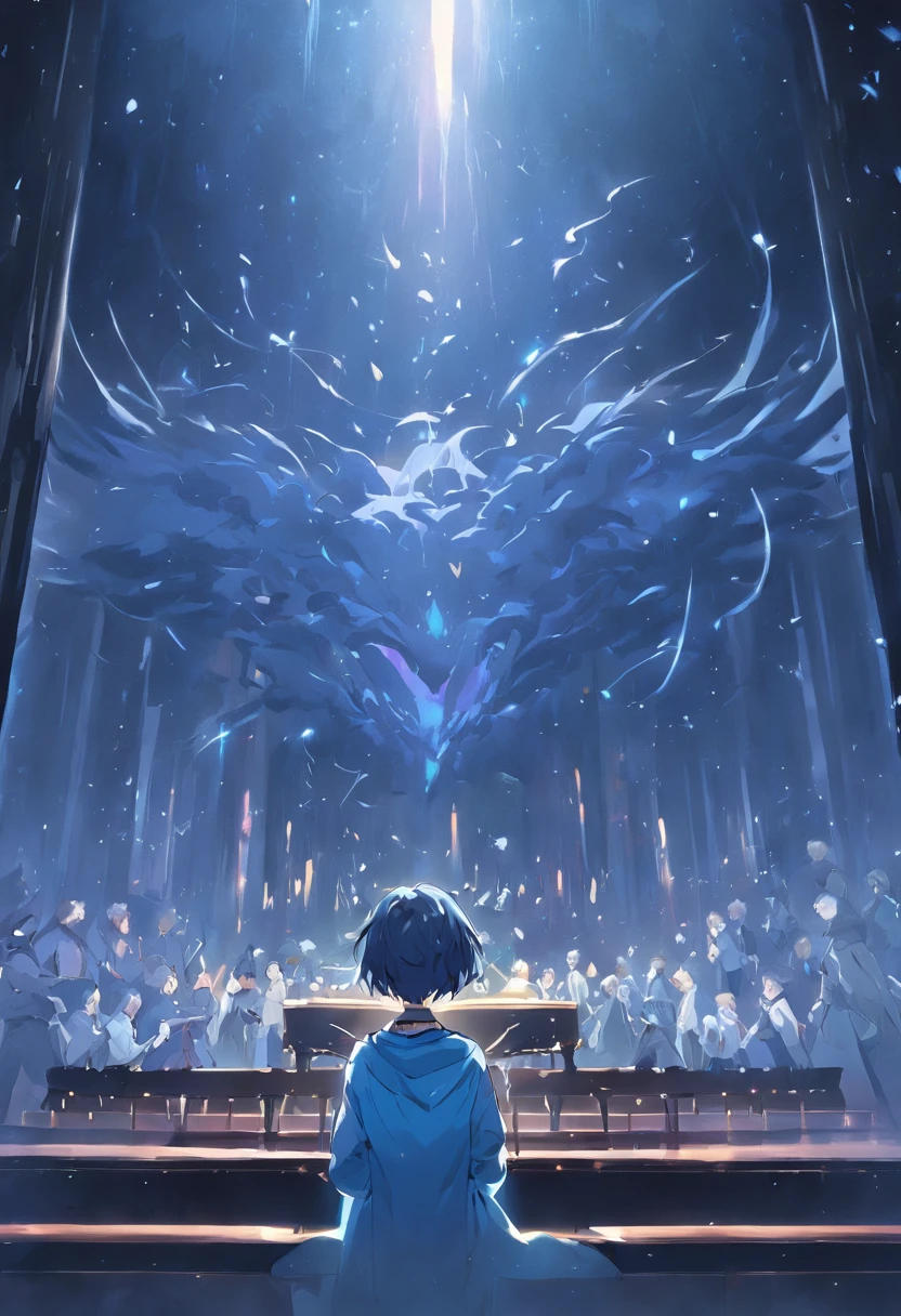 mtu！！！！！Short light blue hair Three and seven bangs Fine hair Dark blue fog eyes Play the piano Fine light and shadow Dark blue sweatshirt Background practice room Serious expression High quality Master production Proper proportions of the characters Details are repeated and fine