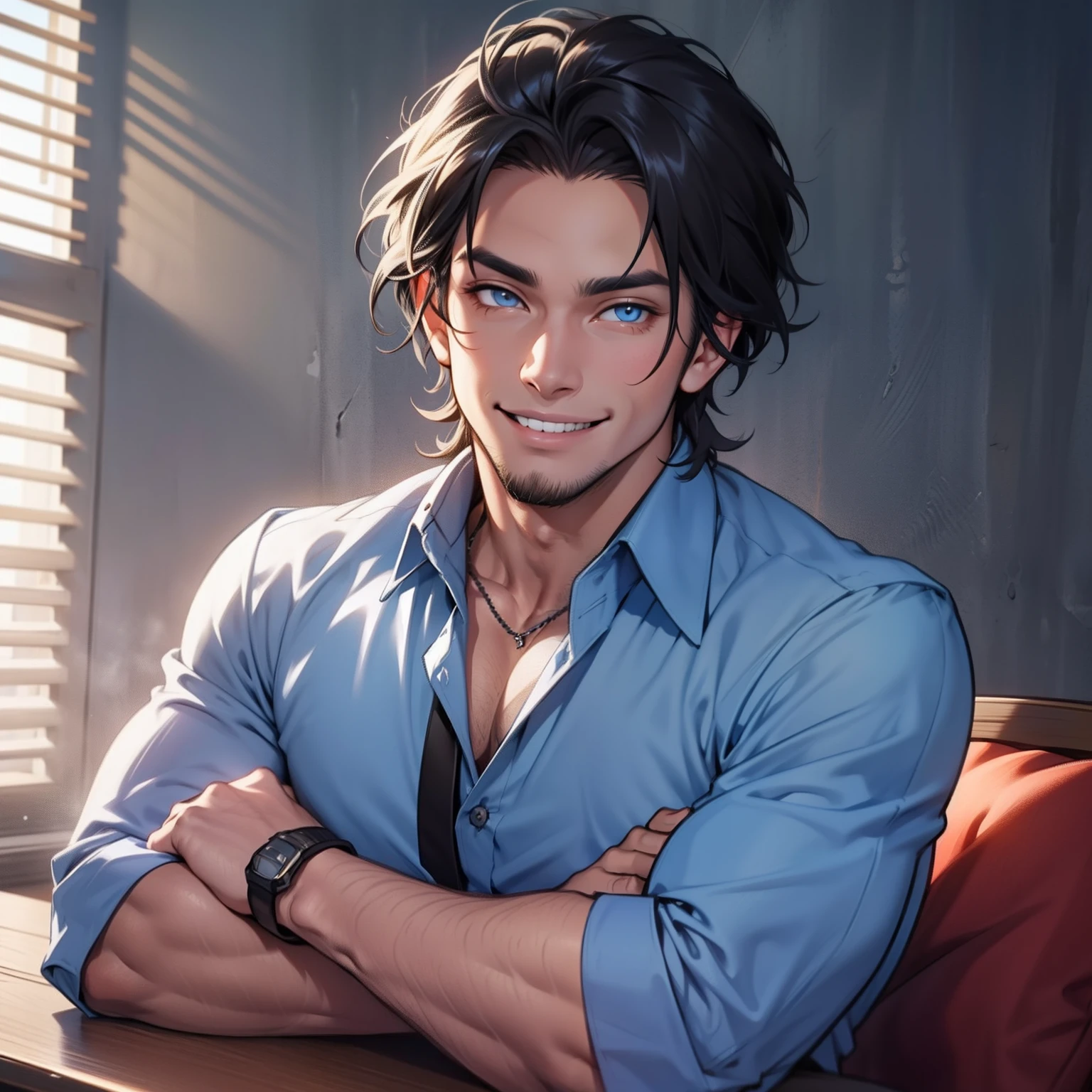 menino bonito sorrindo de lado,cabelos de cor preto, cabelo curto,com olho preto puxado, com barba curta, Asian eyes, Rosto redondo, arms crossed in blue dress shirt with smile on the side