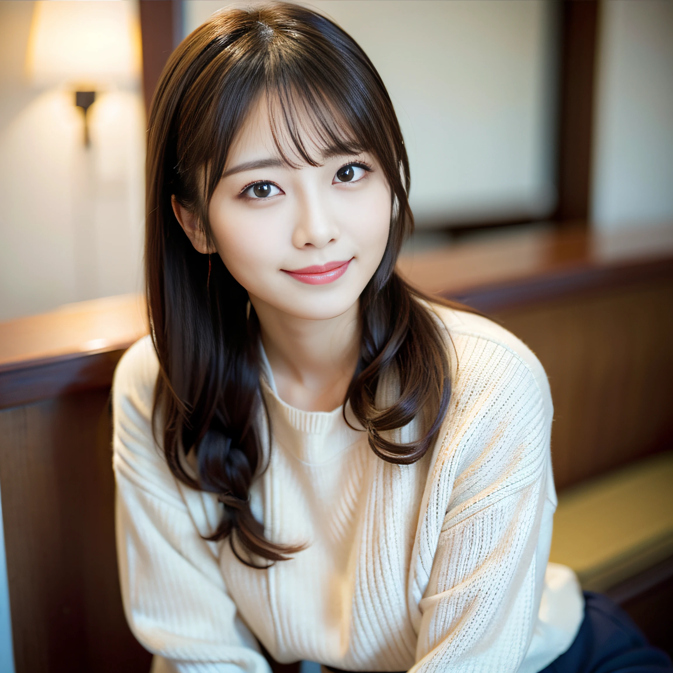 masterpiece,best quality,(Japanese ),((Beautiful girl)),cleavage,indoor,(perfect body beauty:1.2),(shy smile),beautiful teeth,