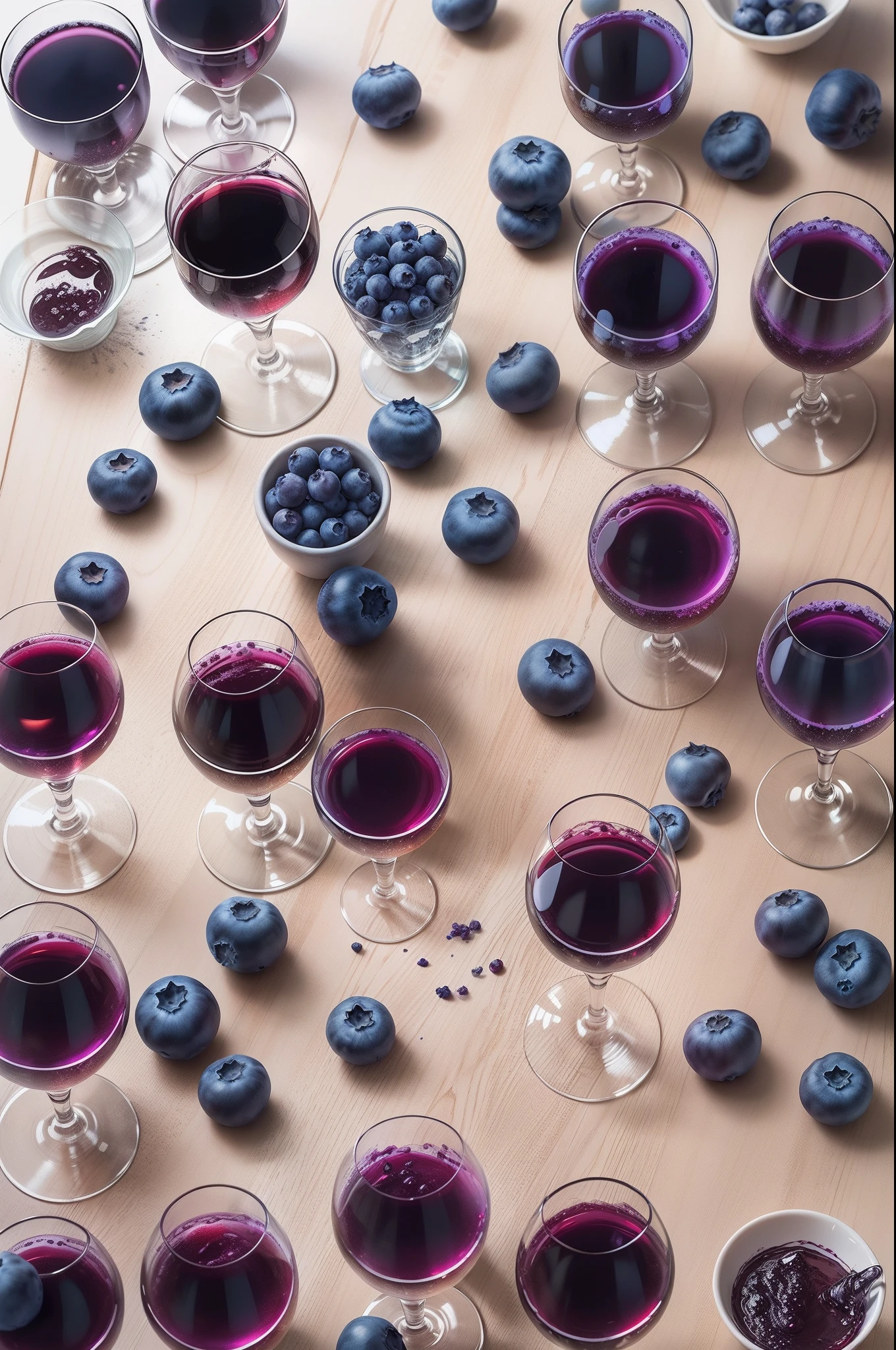 The blueberry wine is poured into the glass，Blueberry wine，Blueberries spread on the table，Kitchen background，