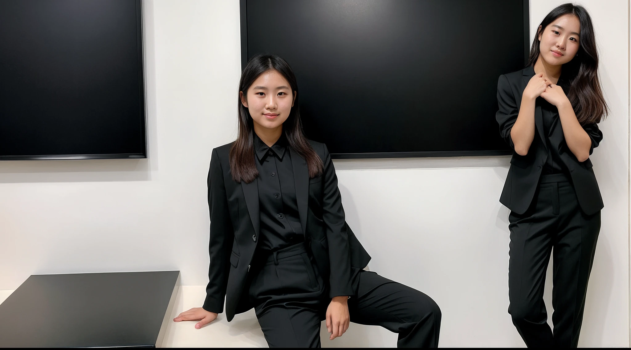 instagram photo, a young japanese girl in a black suit, black shirt and black pants posing suit for a picture on the white background