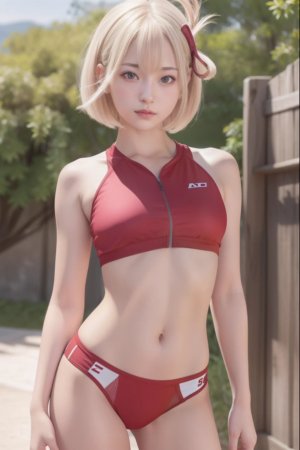 chisatonishikigi, nishikigi chisato, short hair, bangs, blonde hair, (red eyes:1.5), hair ribbon, one side up, bob cut,
BREAK navel, bare shoulders, thighs, stomach, crop top, buruma, sportswear, zipper pull tab, red buruma, sports bikini,
BREAK outdoors, track and field,
BREAK looking at viewer, BREAK (masterpiece:1.2), best quality, high resolution, unity 8k wallpaper, (illustration:0.8), (beautiful detailed eyes:1.6), extremely detailed face, perfect lighting, extremely detailed CG, (perfect hands, perfect anatomy),