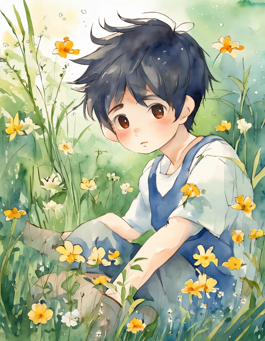 A boy under the stars Sitting on the grass with his back No face Looking at the universe The sky is full of stars Short hair Blue casual clothes Characters account for less than a quarter