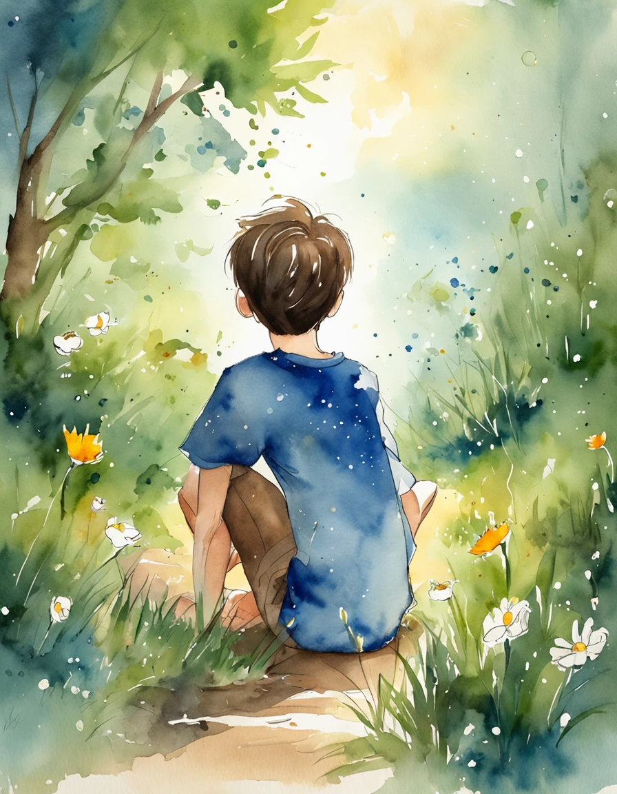 A boy under the stars Sitting on the grass with his back No face Looking at the universe The sky is full of stars Short hair Blue casual clothes Characters account for less than a quarter