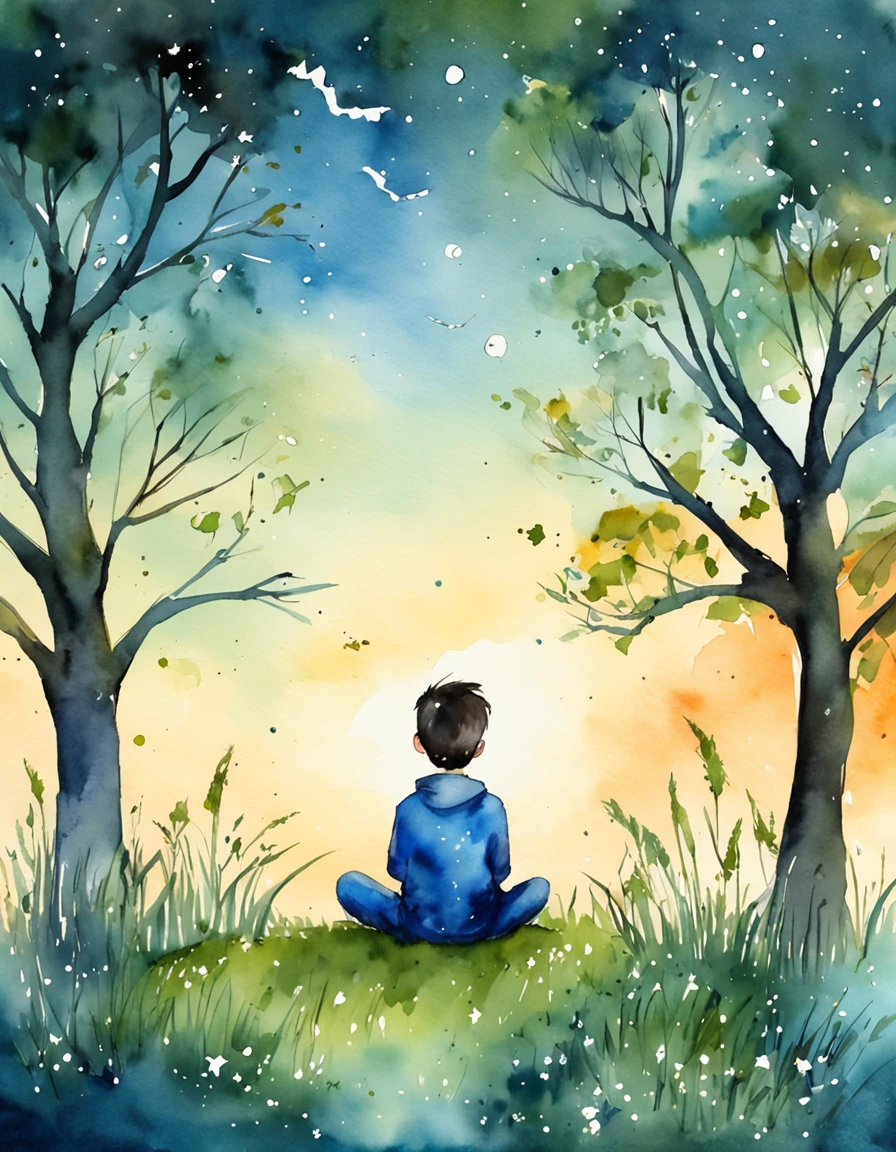 A boy under the stars Sitting on the grass with his back No face Looking at the universe The sky is full of stars Short hair Blue casual clothes Characters account for less than a quarter