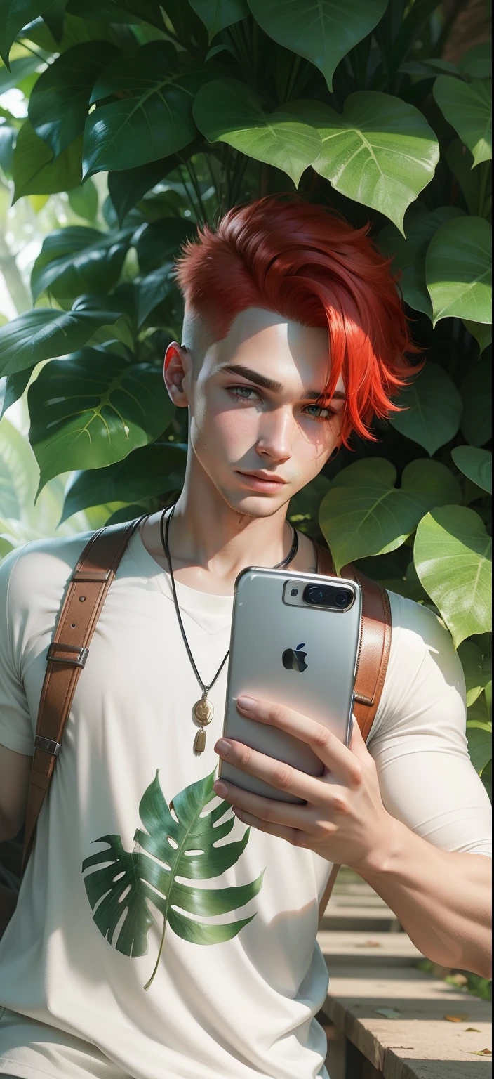 Boy with Phone futuristic leaf background realistic face, Red Hair ultra high quality HD