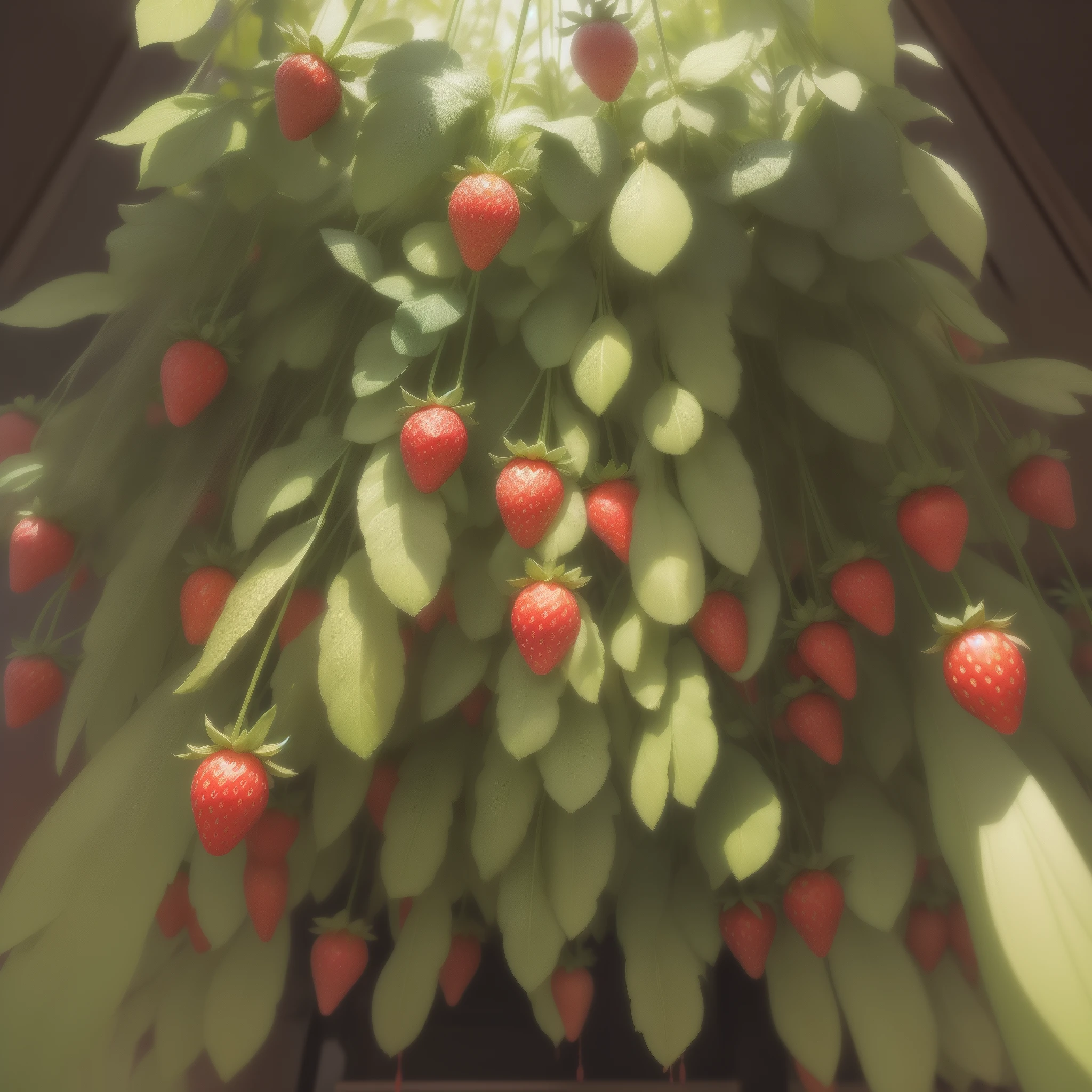The background of the courtyard is green light bulbs,Strawberries bloom,Clusters of strawberries with bulbs hang down like rows of wind chimes。fronds、The stem is emerald green,Shiny,Strawberries are red and gorgeous。Each leaf stem is 1 meter long,ultra beautiful,hyper HD,realisticlying