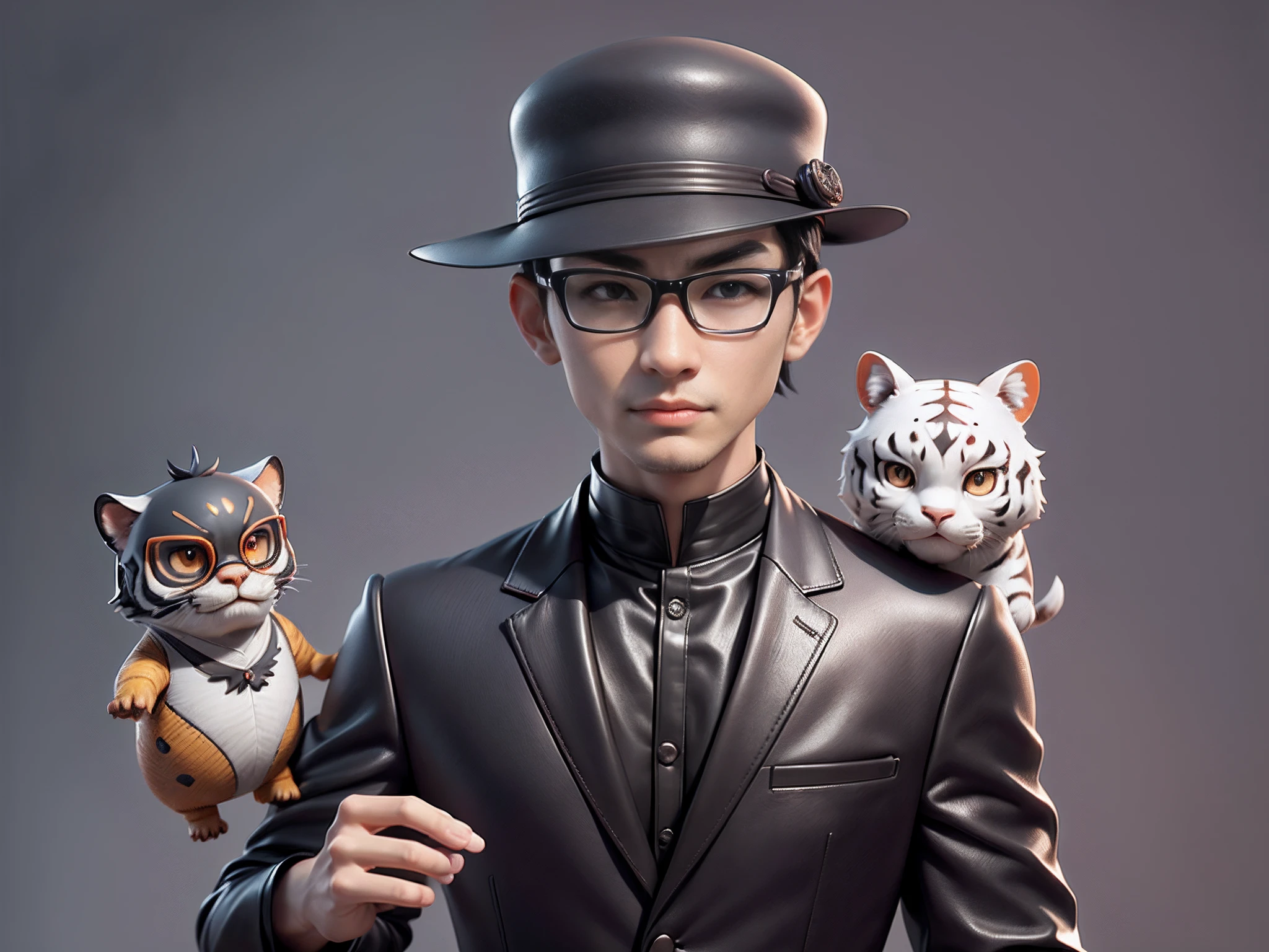 Young man with oriental face in leather hat, tiger, oriental face in formal suit, short black hair, silver glasses, digital painting, 3D character design by Mark Clairedon and Pixar and Hayao Miyazaki and Akira Toriyama, the illustration is a high-definition illustration in 4K resolution with very detailed facial features and cartoon-style visuals.
