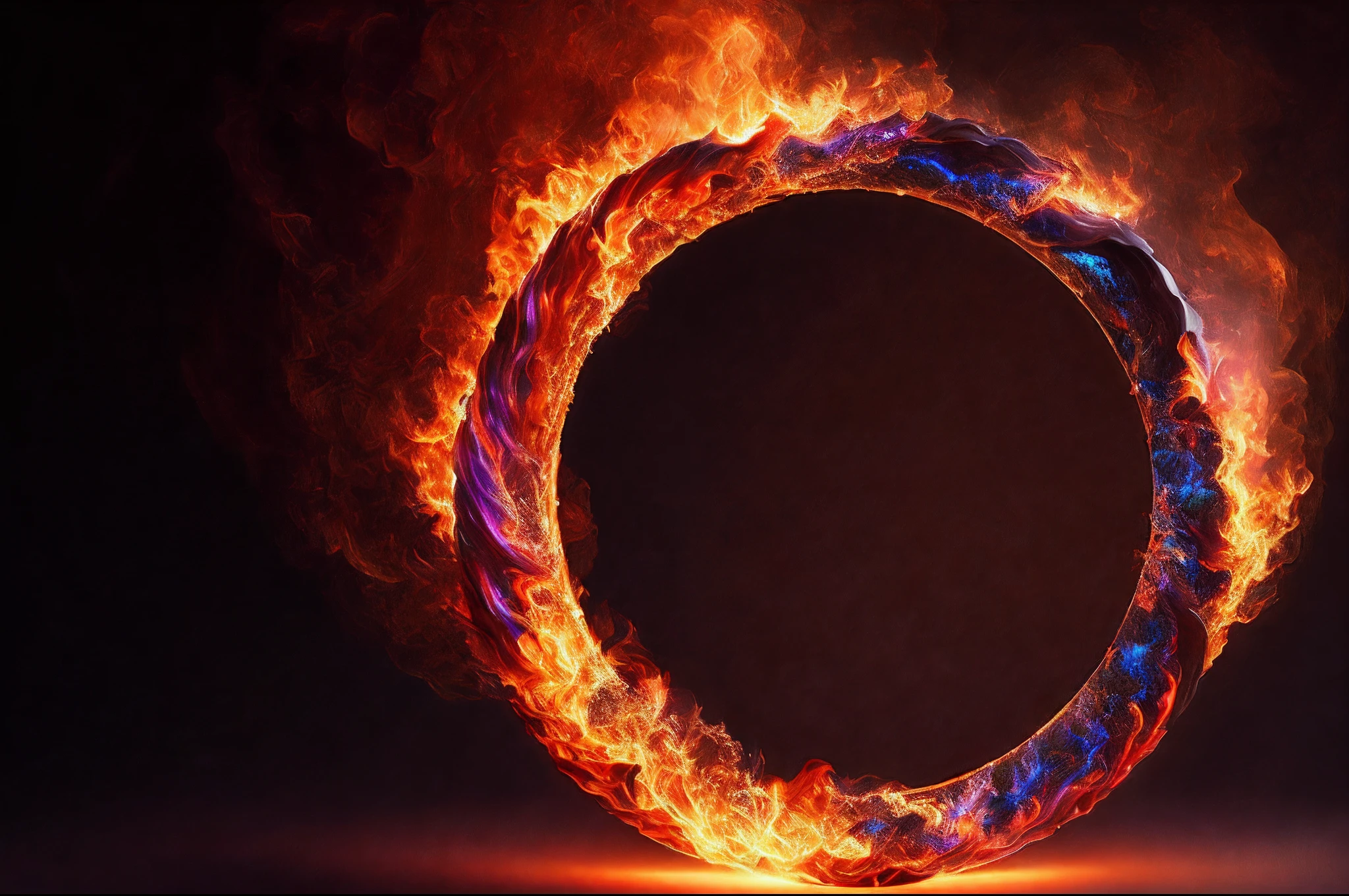 "Stunning depiction of a fiery ring engulfed in vibrant flames, evoking a sense of awe and power. Emphasize the intensity, dynamics, and heat of the flames, while incorporating the mesmerizing play of light and shadows. Showcase the intricate details in the swirling patterns and textures of the fire. Captivate with a masterful display of colors and tones, creating a mesmerizing spectacle of light and heat."