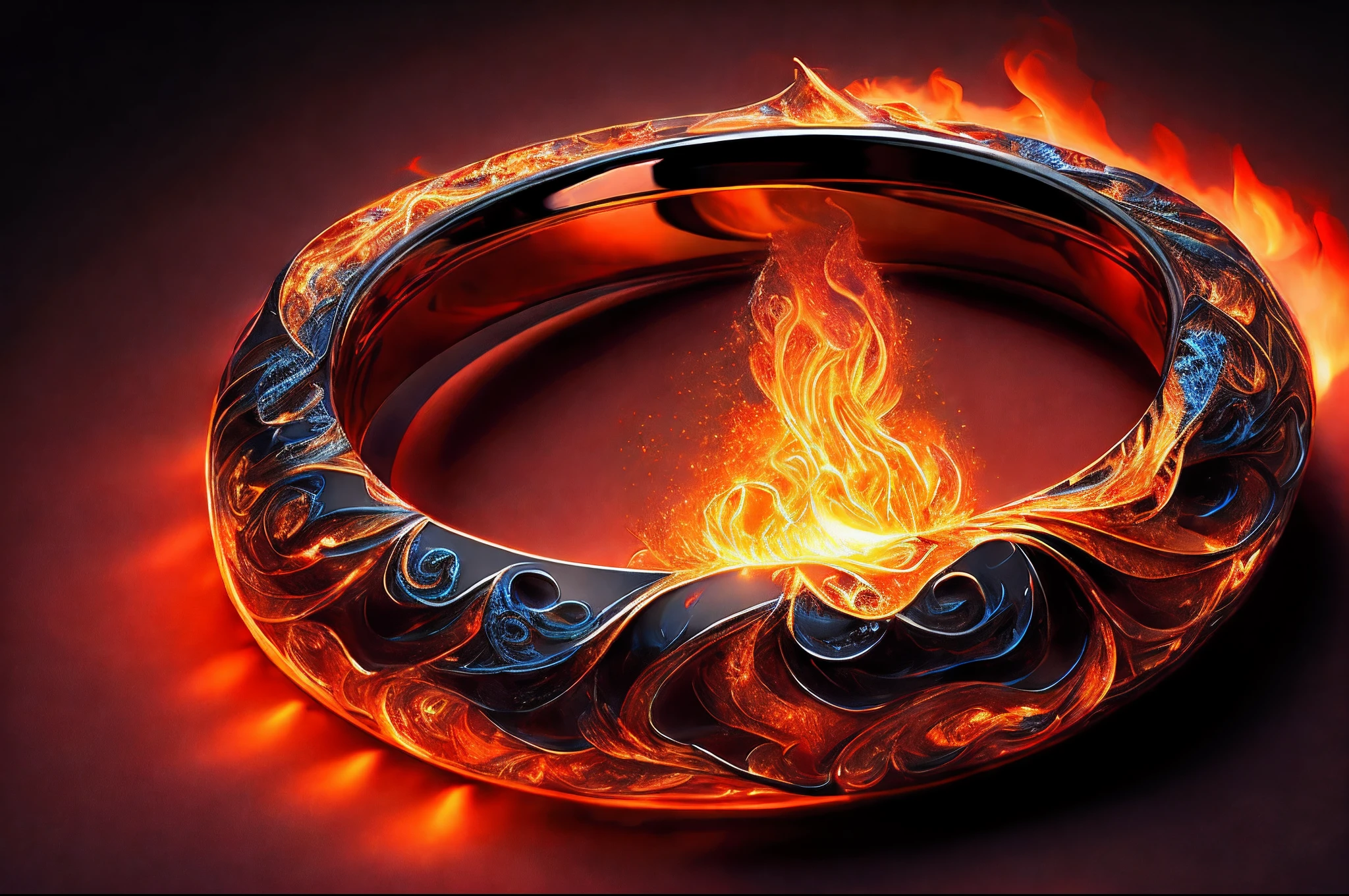 "Stunning depiction of a fiery ring engulfed in vibrant flames, evoking a sense of awe and power. Emphasize the intensity, dynamics, and heat of the flames, while incorporating the mesmerizing play of light and shadows. Showcase the intricate details in the swirling patterns and textures of the fire. Captivate with a masterful display of colors and tones, creating a mesmerizing spectacle of light and heat."