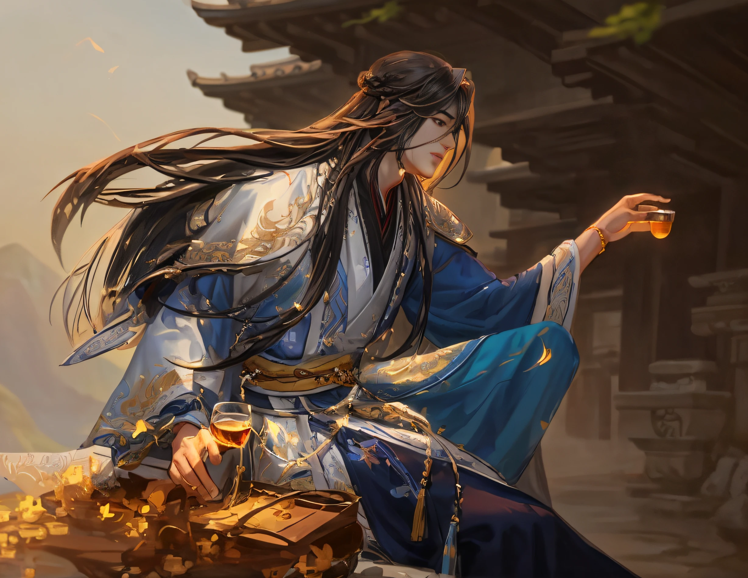 Image of Alphad sitting on a rock drinking wine, flowing hair and long robes, inspired by Wu Daozi, by Yang J, Beautiful character painting, Inspired by Cao Zhibai, handsome guy in demon killer art, inspired by Yeong-Hao Han, Inspired by Zhao Yuan, G Liulian art style