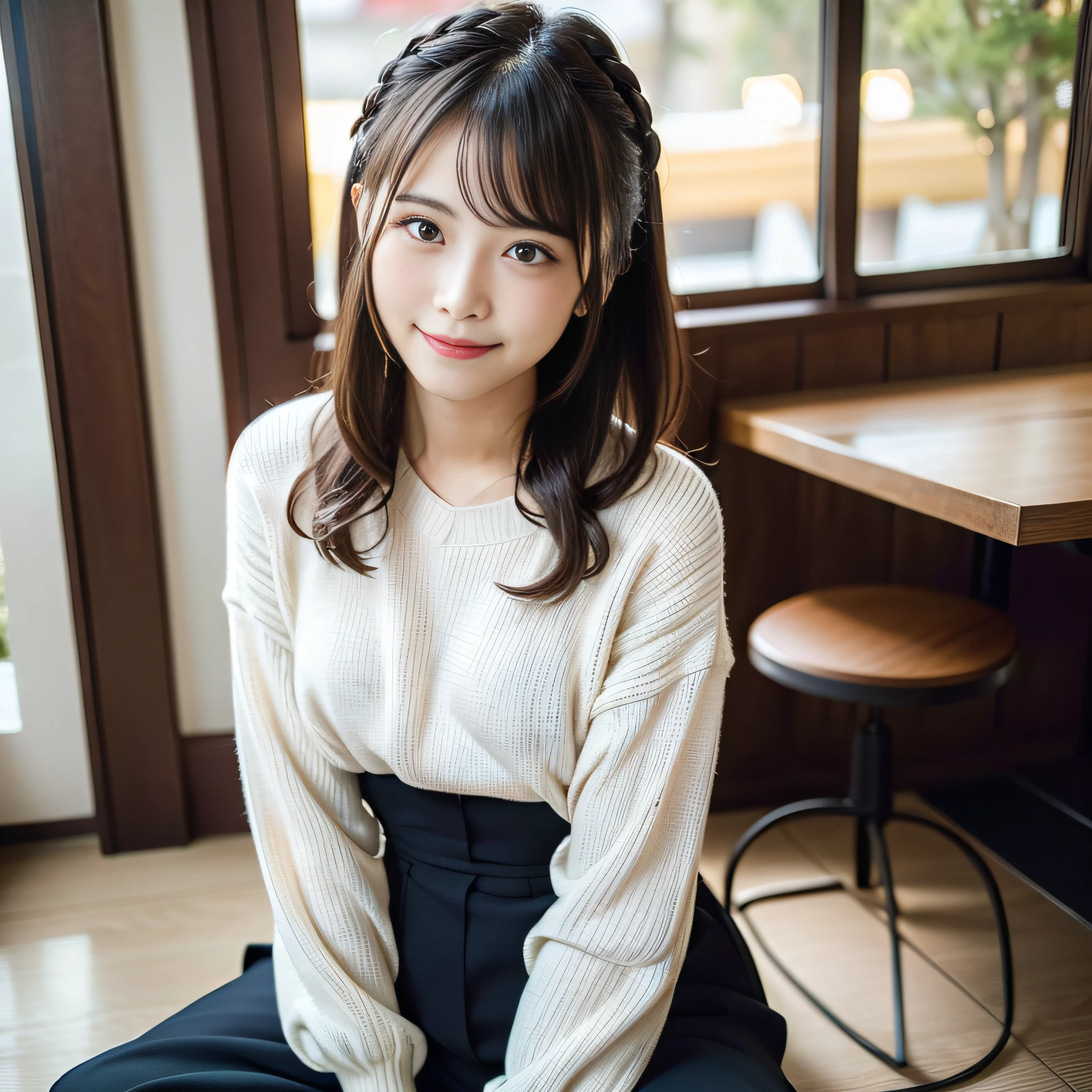 Japan girls in casual clothes、looking at the viewers、Pose with a smile(top-quality、masterpiece)))、hight resolution、ighly detailed、masterpiece、电影灯光、(8K、top-quality、masterpiece:1.2)、(realisitic、Photorealsitic:1.37) Hi-Res、The ultra-detailliert、one japanese woman 、nogizaka, cute face、35 year old:1.5、 独奏, Textured skin:1.2, beautiful smiling face, Detailed Cafe, natta, 电影灯光、 sitting on、Dating、(Shy smile:1.2)、Medium chest、beautiful finely detailed eyes、(Sweaters:1.1)、natta、from waist up:1.2、Braided Arranged Hair