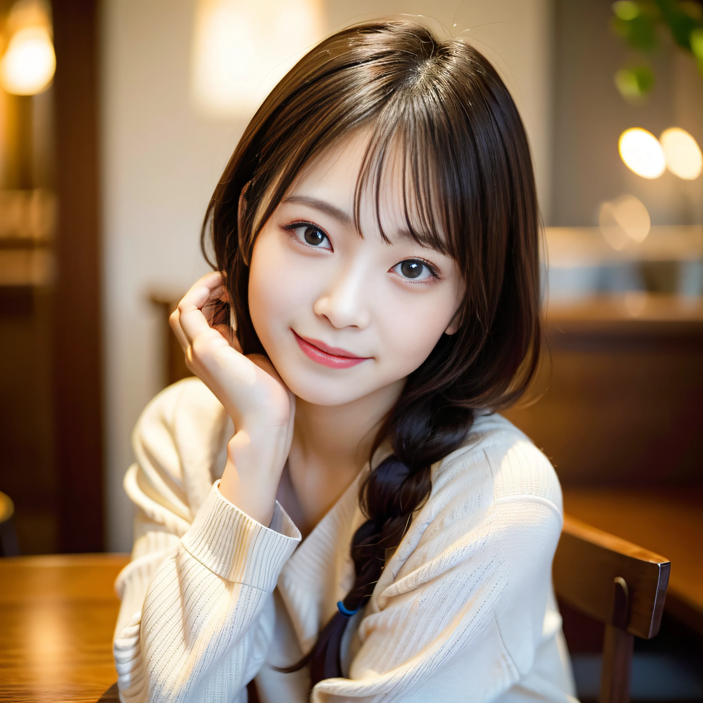 Japan girls in casual clothes、looking at the viewers、Pose with a smile(top-quality、masterpiece)))、hight resolution、ighly detailed、masterpiece、电影灯光、(8K、top-quality、masterpiece:1.2)、(realisitic、Photorealsitic:1.37) Hi-Res、The ultra-detailliert、one japanese woman 、nogizaka, cute face、35 year old:1.5、 独奏, Textured skin:1.2, beautiful smiling face, Detailed Cafe, natta, 电影灯光、 sitting on、Dating、(Shy smile:1.2)、Medium chest、beautiful finely detailed eyes、(Sweaters:1.1)、natta、from waist up:1.2、Braided Arranged Hair