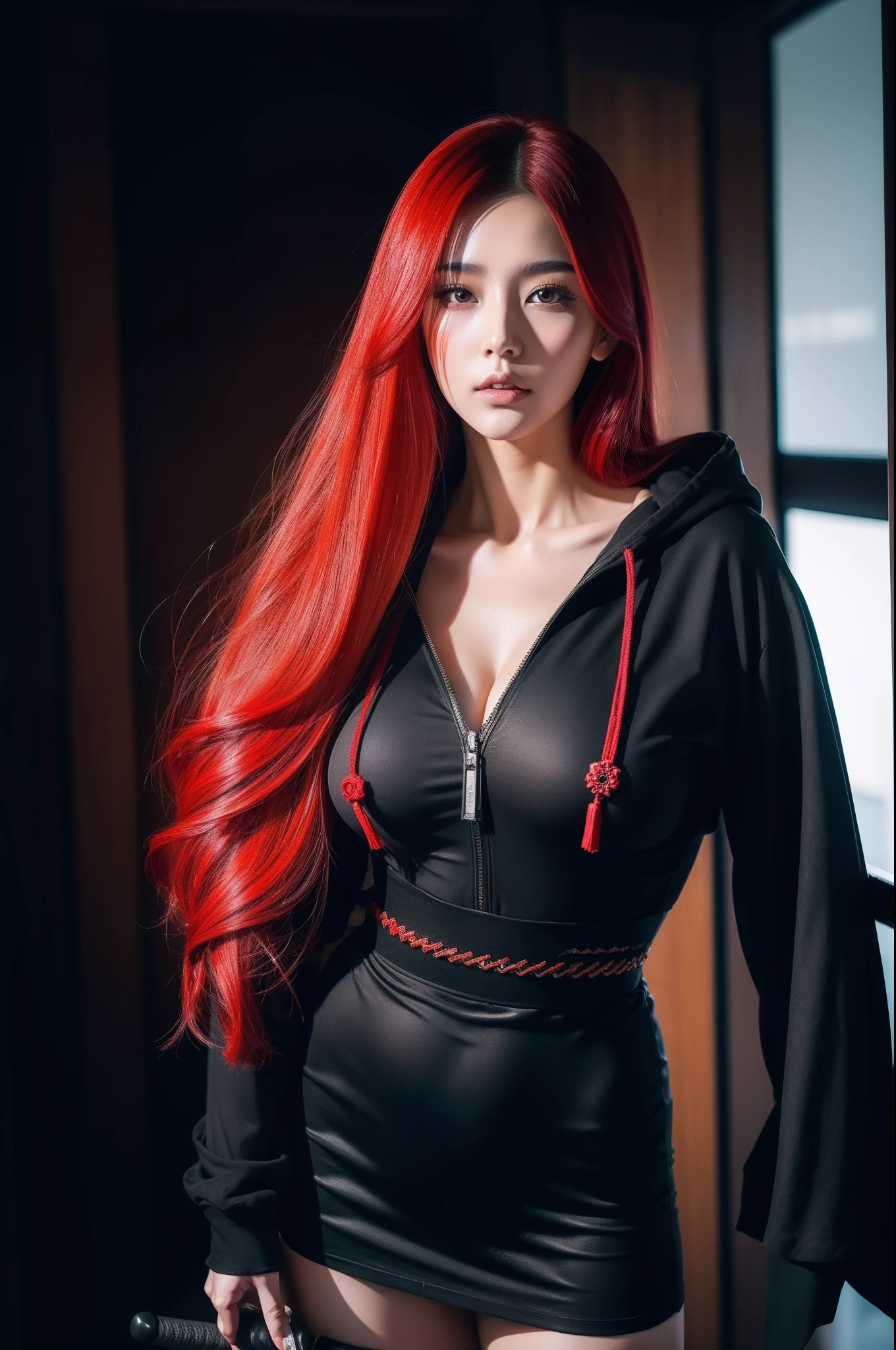 anime girl in a black outfit with a sword in her hand, very beautiful cyberpunk samurai, digital cyberpunk anime art, anime cyberpunk art, cyberpunk anime girl mech, cyberpunk anime girl, cyberpunk anime art, female cyberpunk anime girl, cyberpunk geisha, digital cyberpunk - anime art, cyberpunk samurai, anime style 4 k, badass anime 8 k, cyberpunk anime girl in hoodie, beautiful south korean woman, korean girl, beautiful young korean woman, korean woman, heonhwa choe, korean women's fashion model, y look, big breexy posehow breast, lighhair