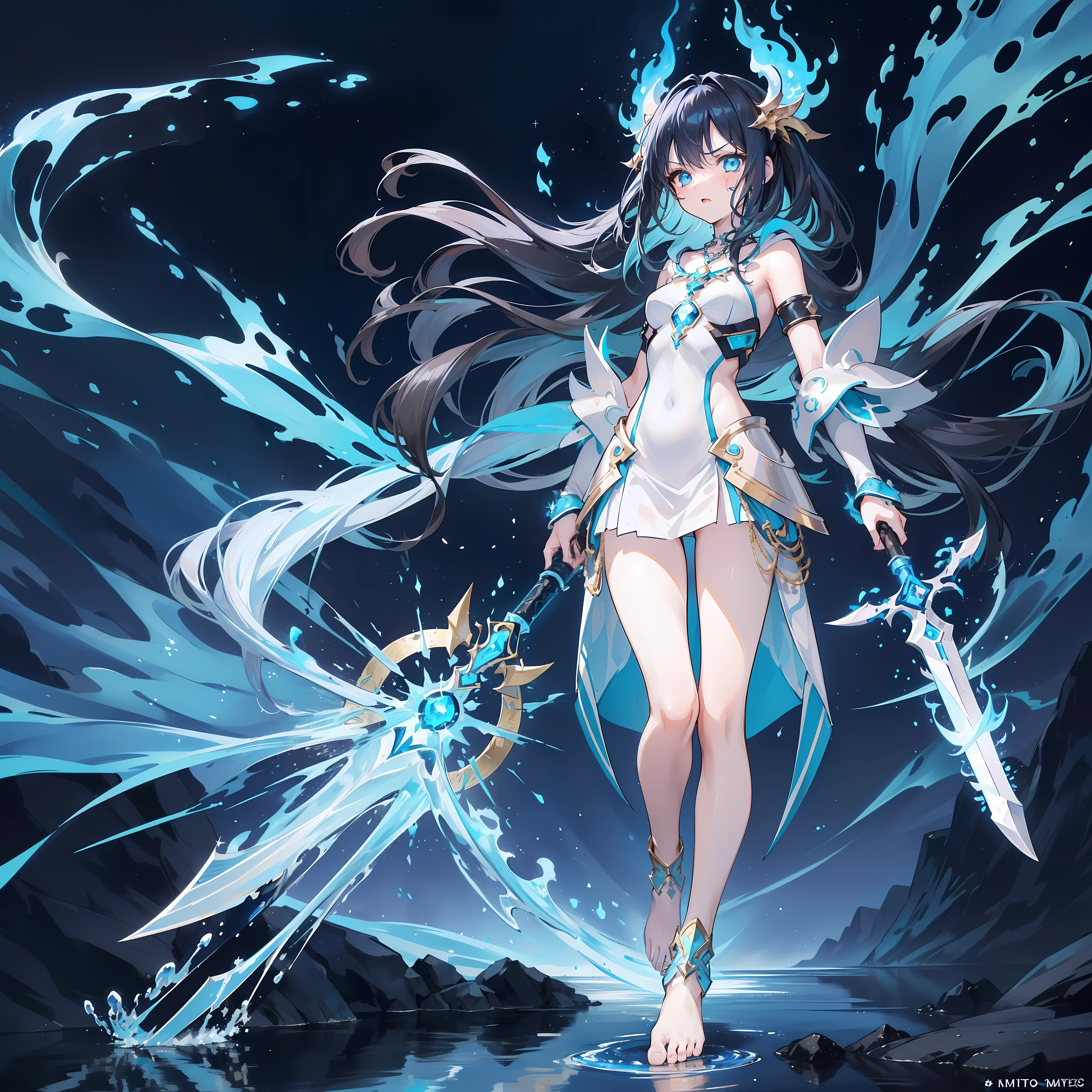 An Anime girl, (((White and aqua armor))), ((blue hand and feet accessories)), ((((long ish black hair with blue fire burning all over it)))), ((gold hair accessories)), blue eyes, gold ear decorations, nose, (serious), pale skin, small thigh, (((small barefeet))), cute, (((gold decorations and necklace on body ))), ((((Holding 2 weapons made out of pure blue fire))), ((((water near the girl)))), cinematic light, high resolution, highest quality, ultra detailed, detailed face, (detailed eyes), best quality, hyper detailed, masterpiece, ((((lots of blue energy and blue fire around her)))), clean face, moon shining down, (sleeveless), (((Entire background full of blue fire))), ((((At night and pure darkness))))), full-face blush, nose blush, open mouth, tears, angry, (((a far view)))