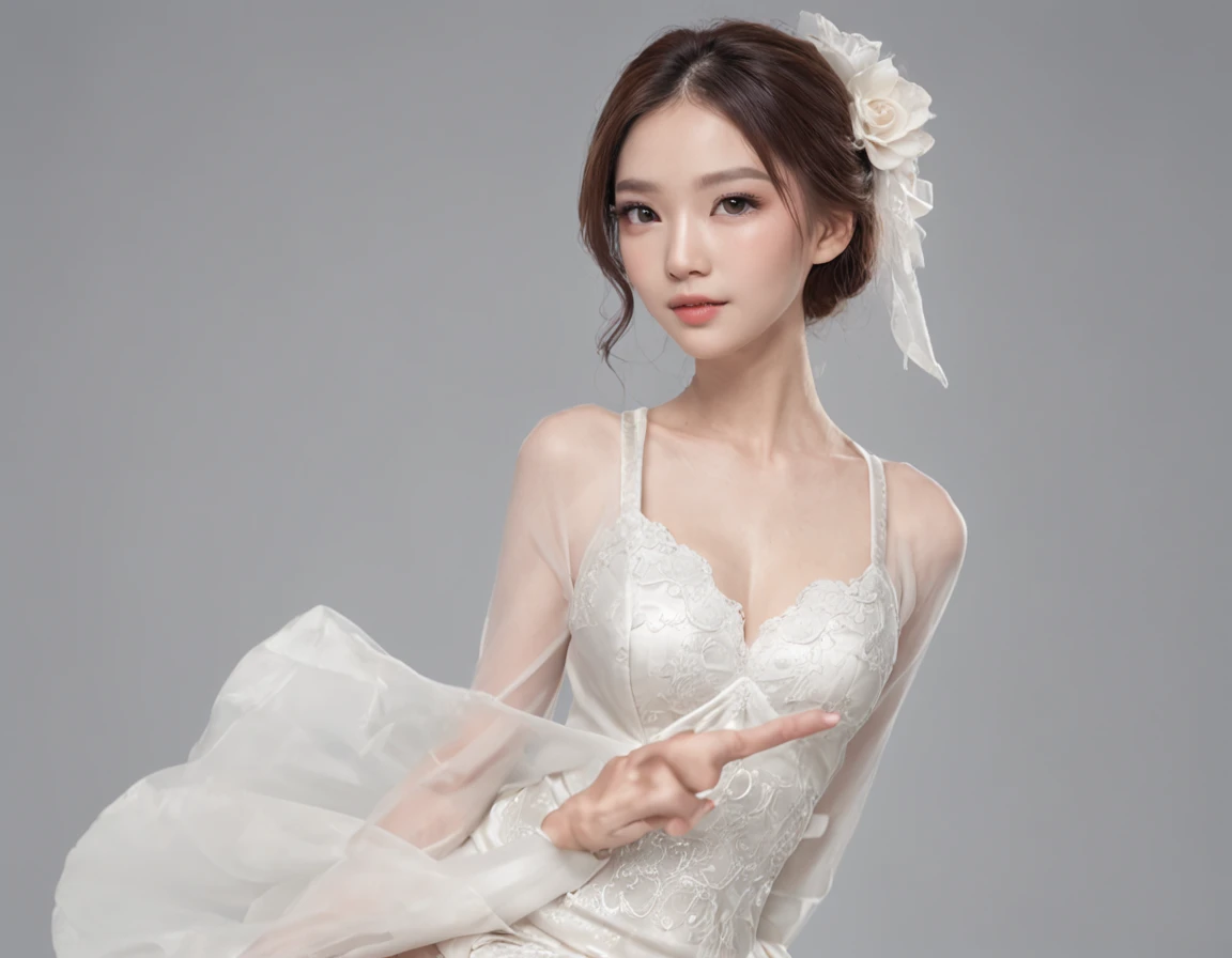 Beautiful,8K high resolution,hyper-detailing,Tall and delicate face girl,oriental face,Nice hairstyle,Wearing a white skirt,Wear white stockings on the legs(Shows long legs),Slender physique,The character shows the whole body(Standing posture),The character is in the middle,Only 1/8 of the background,with a pure white background。Full image 8K high resolution