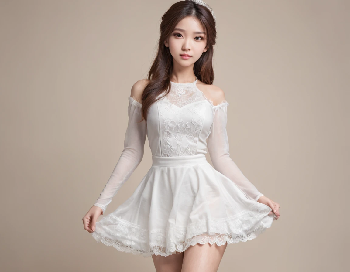 Beautiful,8K high resolution,hyper-detailing,Tall and delicate face girl,oriental face,Nice hairstyle,Wearing a white skirt,Wear white stockings on the legs(Shows long legs),Slender physique,The character shows the whole body(Standing posture),The character is in the middle,Only 1/8 of the background,with a pure white background。Full image 8K high resolution