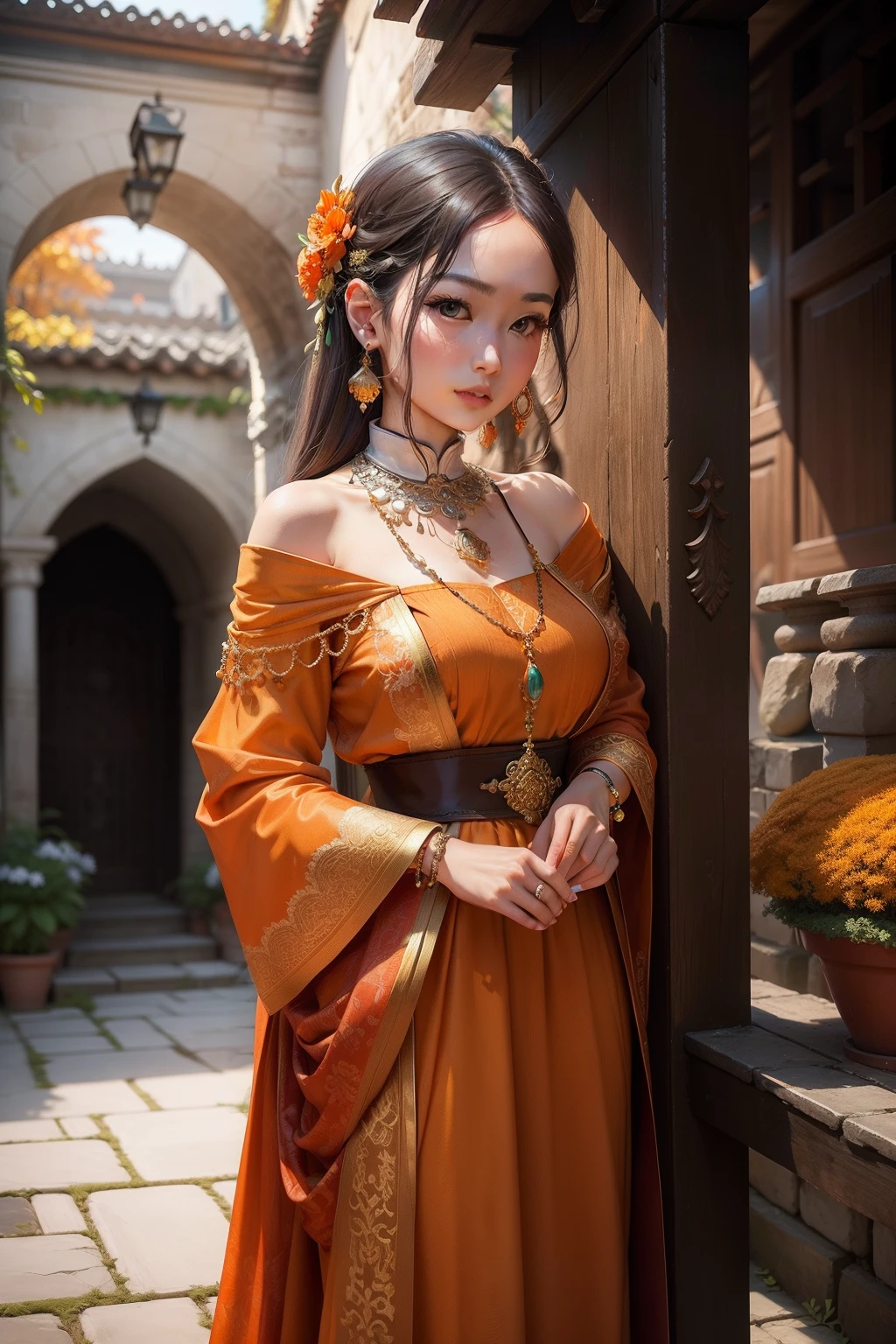 On the table is a necklace with orange beads and pearls, necklace on display, amber jewelry, orange and brown leaves for hair, Amber jewelry, luxurious ornate golden jewelry, ornate jewelry, fall season, luxurious neckless, Exquisite and gorgeous jewelry, Red jewelry, colorful adornments, necklace, beautiful autumn spirit, gold jewerly, jewelry photography, Details and bright colors on the bench, Sweeping arches, an archway, there are archways, unknown artist, ancient garden behind her, author:Li Zai, standing astride a gate, Archway, courtyard walkway, near a stone gate, in a narrow chinese alley, zhouzhuang ancient town, outside, green alleys,