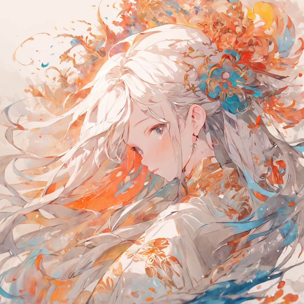 (White background:1.4),(Silhouette of a girl's head, eyes closed, colorfull long hair, Oriental elements)，(Chinese painting:1.3，Paper art:1.3, Quilt paper art:1.2),( Reasonable design, clear lines, high sharpness,Best Quality, Very detailed, Masterpiece, movie lighting effects, 4k ) (Beach) (a blond)