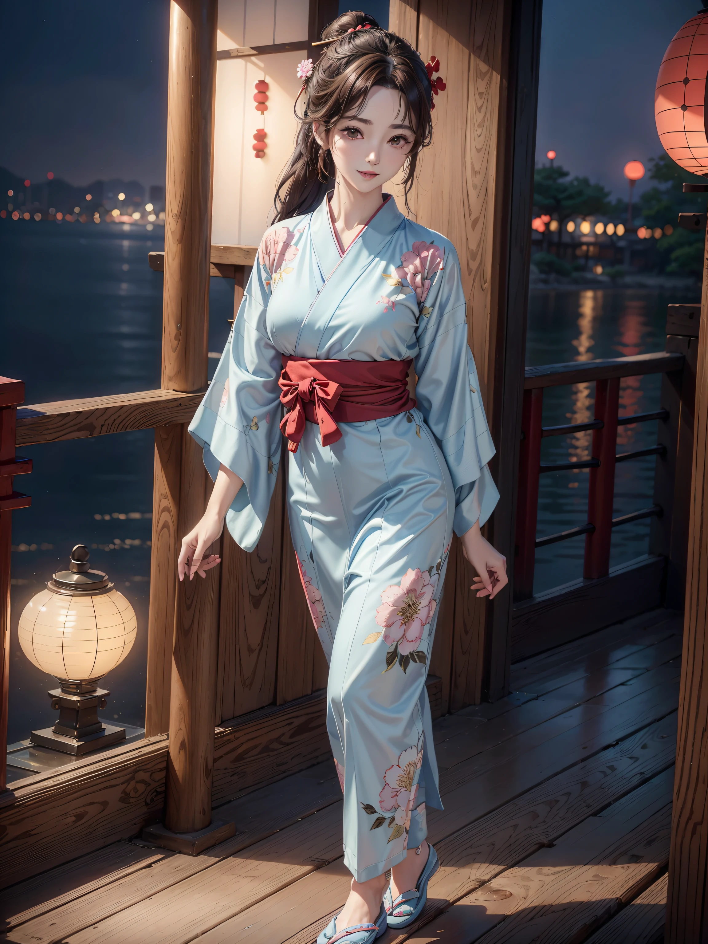 (Best quality, 8k, 32k, Masterpiece, UHD:1.2), (realistic:1.5), (masterpiece, Extremely detailed CG unity 8k wallpaper, best quality, highres:1.2), (ultra detailed, UHD:1.2), (full body:1.3), (anime style illustration:1.3), (seductive anime waifu:1.3), (ultra-detailed:1.3), (hyper-sharp:1.3), (insanely detailed:1.3), BREAK, (1girl:1.3, solo), (Japanese milf:1.3), adult, single braid hair style, mahogany hair, attractive look, (Korean actress face:1.3), (Japanese idol face:1.3), pretty face, cute, BREAK, (wearing a yukata outfit:1.3), (light blue yukata outfit:1.3), (colorful floral pirnted Yukata outfit:1.3), (kimono outfit:1.3), (detailed outfit:1.3), BREAK, (night river side under starry sky background, blurry background:1.25, simple background), (detailed background:1.3), outdoor, cinematic light, cute, happy, seductive smile, :d, ;p, attractive emotion, BREAK, best ratio four finger and one thumb, perfect anatomy, perfect proportion,