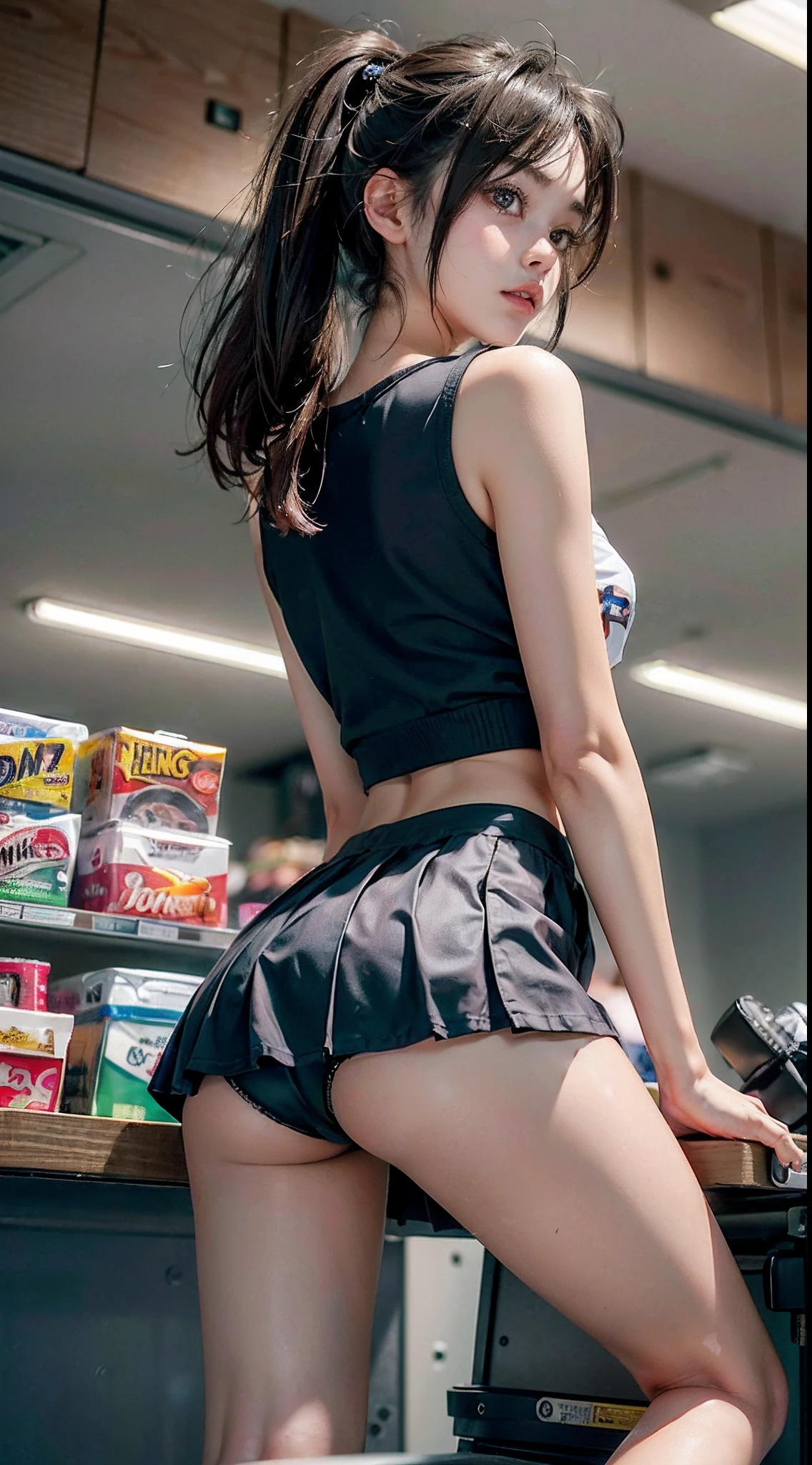 a 18 year old girl, Sitting at a desk in a convenience store, Bokeh, Perfect Figure, (((Hand-lifted skirt, boxer shorts, I can see the panties))), ((My eyes crossed, captivating)), Short T-shirt, slim tummy, (mini-skirt),(Spread your legs), Look from behind, Big ass