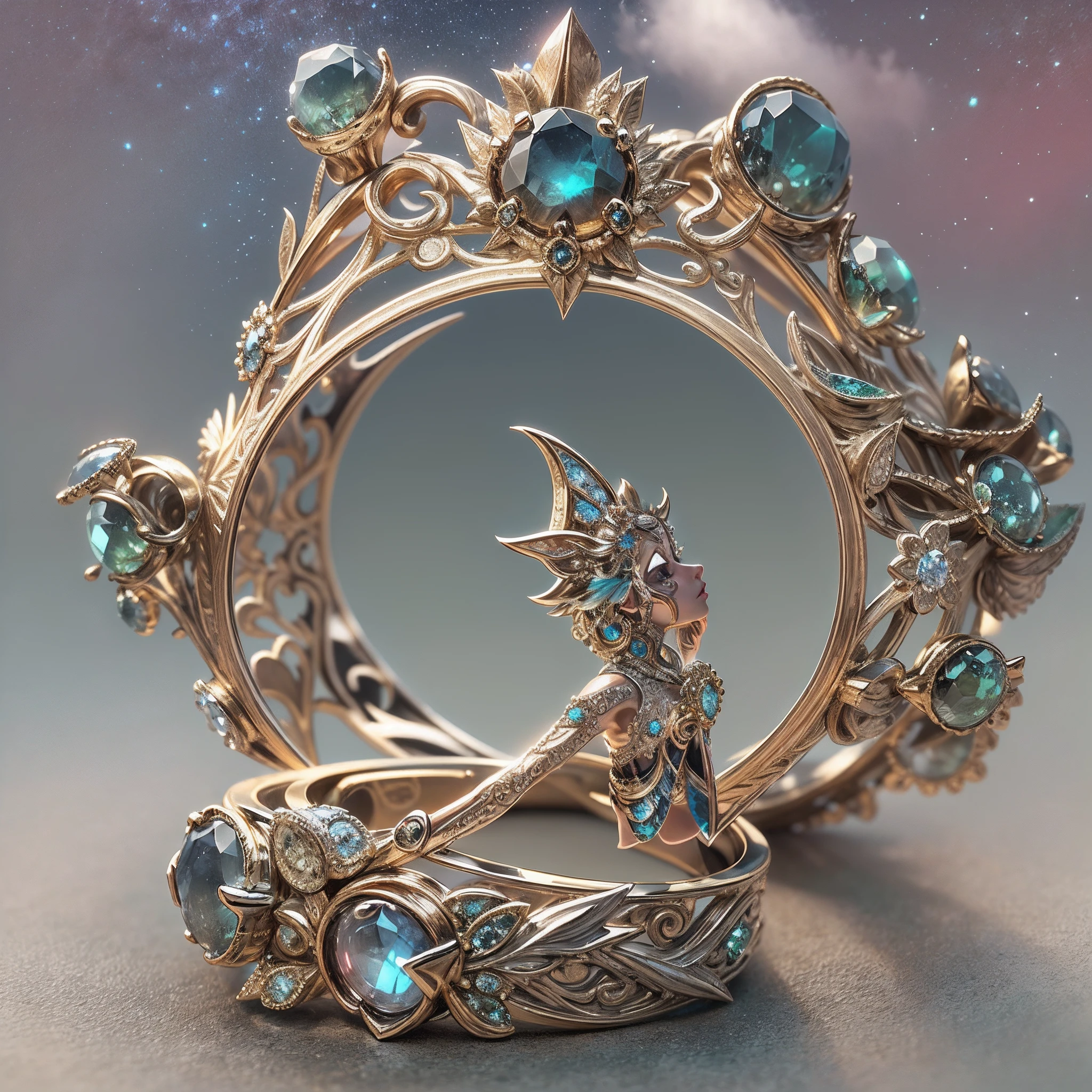 (Couple rings,A couple's ring,Two similar rings,Wedding Rings art design,solo:1.2),(Wedding Rings art design,glass flowers,nebula jewelry,starry sky color crystal,AbstractPattern Ring:1.45),(intricate,ironwork,handmade,A romantic engagement ring with a pear-shaped diamond center stone,set in a rose gold band. the band is adorned with diamonds along the edges,adding a feminine touch to the design,the image has a soft, dreamy vibe and is suitable for use in a facebook ad for engagement rings:1.2),shiny glowing rings,Metal hollow carving of dragons head,phoenixes head,and flowers,Berlin black iron jewelry in a victorian gothic style,Meticulously carved diamonds,gold threads and jade bands,hollowed out plant shaped metal carvings,fractal geometry,deconstruction,Streamlined structure,Volume light,flickering light,Obvious dimming effect,