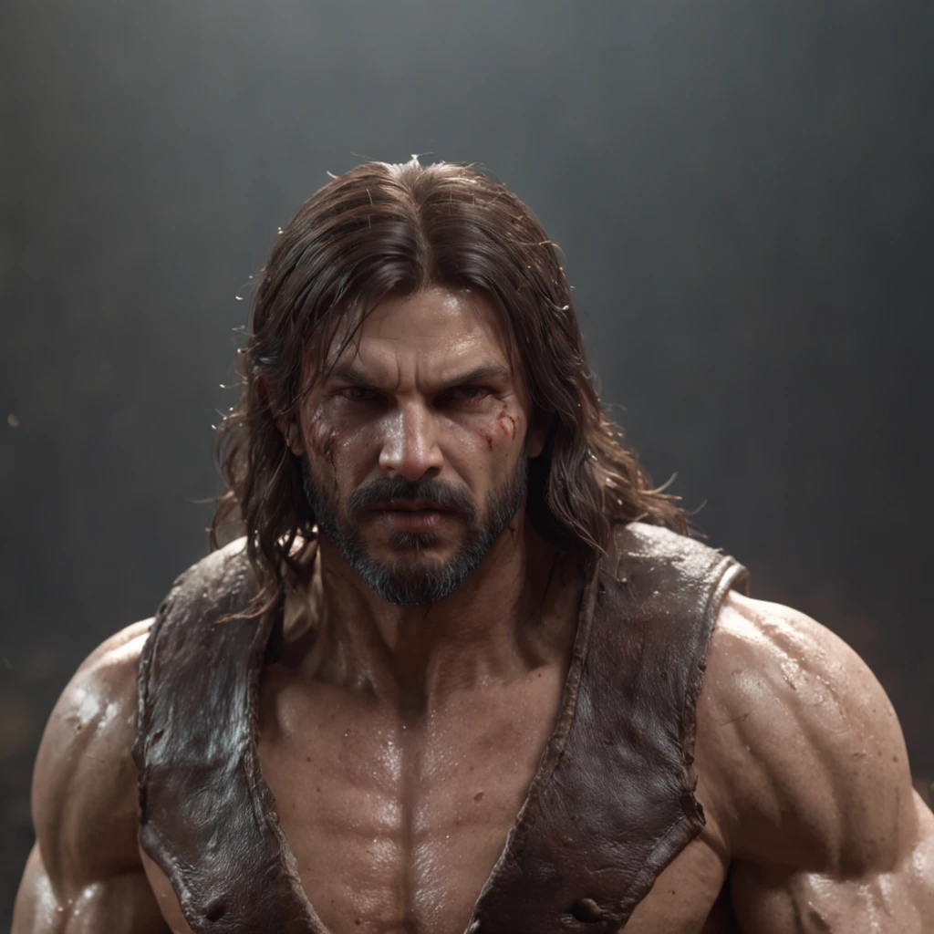 (professional 3d render:1.3) af (Realistic:1.3) most beautiful artwork photo in the world,Features soft and shiny male heroes, ((Epic hero fantasy muscle man rough wet hero angry looking long hair, long thick beard and ferocious expression in dynamic pose, Fantastic location, Majestic cluttered environment)), Full body 8K unified rendering, action shot, skin pore, very dark lighting, heavyshading, Detailed, Detailed face, (vibrant, photograph realistic, Realistic, Dramatic, Dark, Sharp focus, 8K), (Old leather garments damaged by weathering:1.4), ((((Wear fur)))), (Intricate:1.4), decadent, (Highly detailed:1.4), Digital painting, rendering by octane, art stations, concept-art, smooth, Sharp focus, illustration, Art germ, (loish:0.23), wlop ilya kuvshinov, and greg rutkowski and alphonse mucha gracias, (Global illumination, Studio light, volumettic light), heavy rain, particles floating, lotr, fantasy, elf, full bodyesbian, ((Dark and ancient city background:1.3)),CGSesociety,art stations