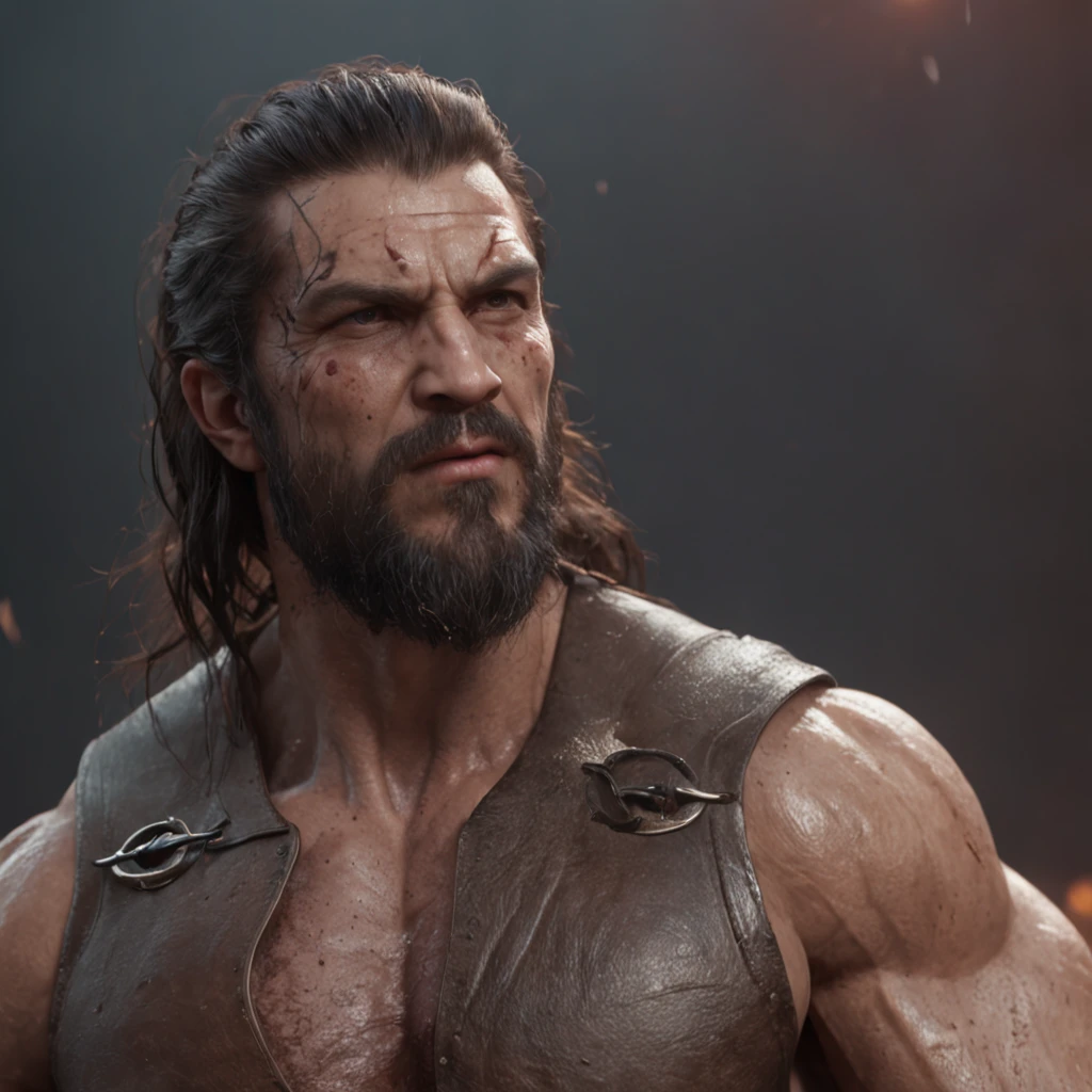 (professional 3d render:1.3) af (Realistic:1.3) most beautiful artwork photo in the world，Features soft and shiny male heroes, ((Epic hero fantasy muscle man rough wet hero angry looking long hair, long thick beard and ferocious expression in dynamic pose, Fantastic location, Majestic cluttered environment)), Full body 8K unified rendering, action  shot, skin pore, very dark lighting, heavyshading, Detailed, Detailed face, (vibrant, photograph realistic, Realistic, Dramatic, Dark, Sharp focus, 8K), (Old leather garments damaged by weathering:1.4), ((((Wear fur)))), (Intricate:1.4), decadent, (Highly detailed:1.4), Digital painting, rendering by octane, art  stations, concept-art, smooth, Sharp focus, illustration, Art germ, (loish:0.23), wlop ilya kuvshinov, and greg rutkowski and alphonse mucha gracias, (Global illumination, Studio light, volumettic light), heavy rain, particles floating, lotr, fantasy, elf, full bodyesbian, ((Dark and ancient city background:1.3)),CGSesociety,art  stations