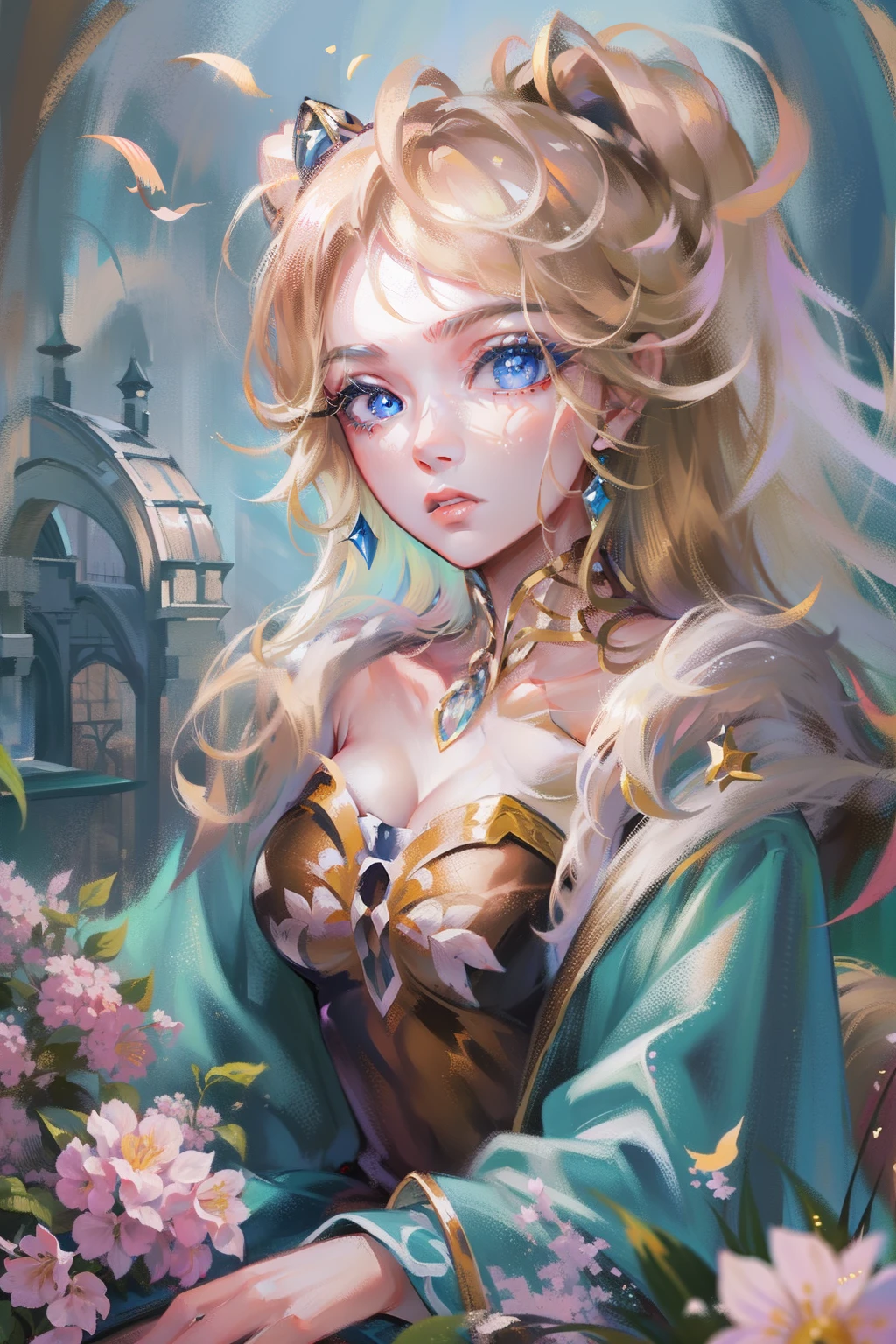 A woman sits in a huge makeup case,hold a flower, princess portrait, Guviz-style artwork, blond-haired princess, portrait of princess, Guviz, kazakh empress, portrait of a princess, portrait of princess zelda, in the art style of bowater, Baroque fluffy skirt,Fantasy art style, beautiful fantasy maiden,Exquisite and perfect facial features,美丽细致的眼睛,long eyelasher,Delicate eyeliner,Blue eyes,Dark pupils,There are highlights in the eyes,almond eyes,Beautiful lip details,8K high-definition,anatomy correct,Oil painting thick painting style