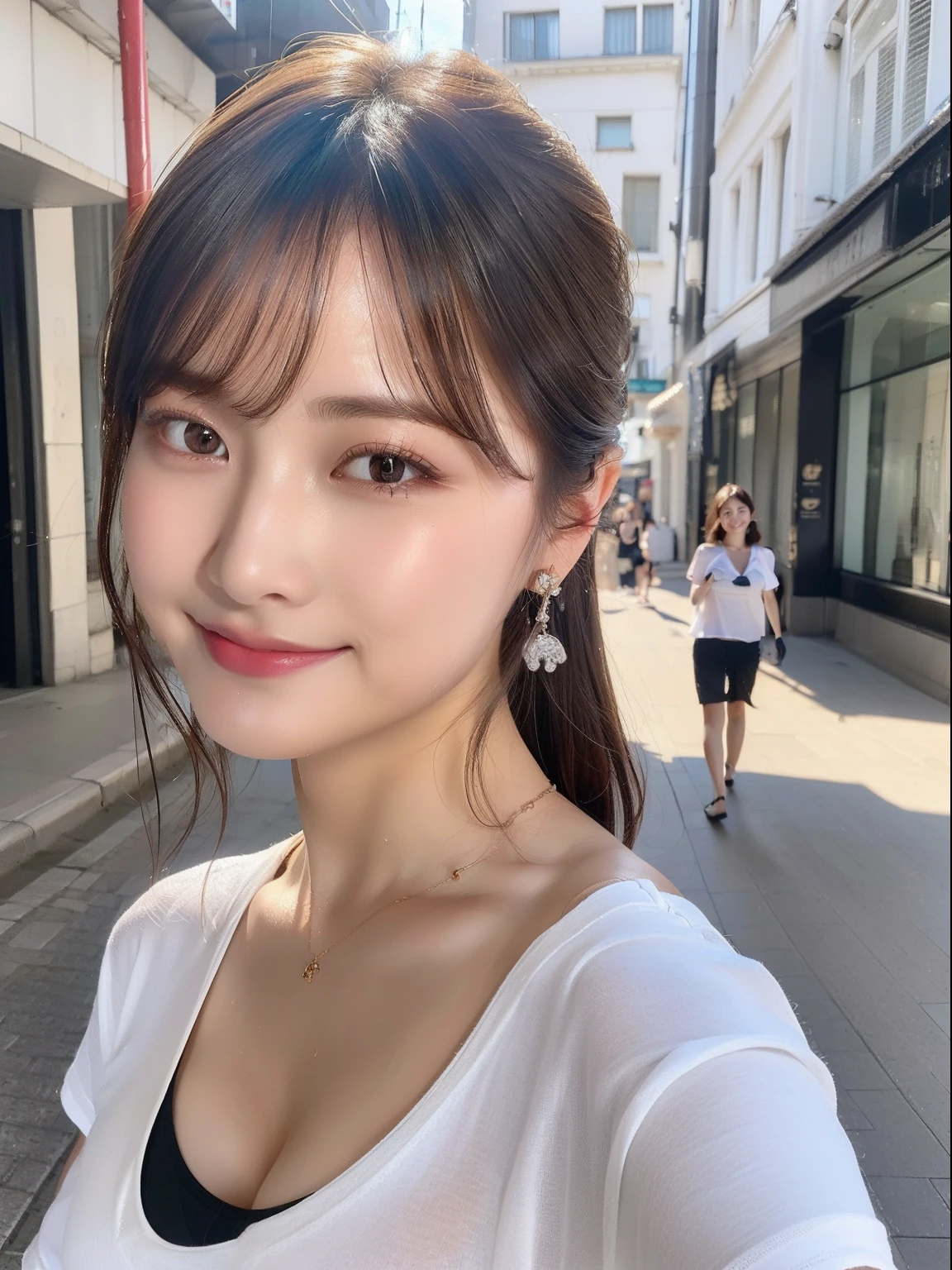 ((Top Quality, 8K, Masterpiece: 1.3)), Sharp Focus: 1.2, Perfect Style, One Beauty, Top Model: 1.2, Waist Constriction, Beautiful Legs, Taut Skin, ((Wet Skin: 1.4)), ((Sweaty: 1.2)), (Upper Body Shot: 1.2), (Reach Here), (Hug), Highly detailed face and skin texture, detailed eyes, double eyelids, pale cheeks Professional lighting, small necklace, small earrings, bracelet, (layered hairstyle), (((T-shirt: 1.4)), (wearing G-pants), (G cup bust: 0.8), (natural breasts, natural cleavage), (seaside street: 1.2), (shy smile: 1.1)