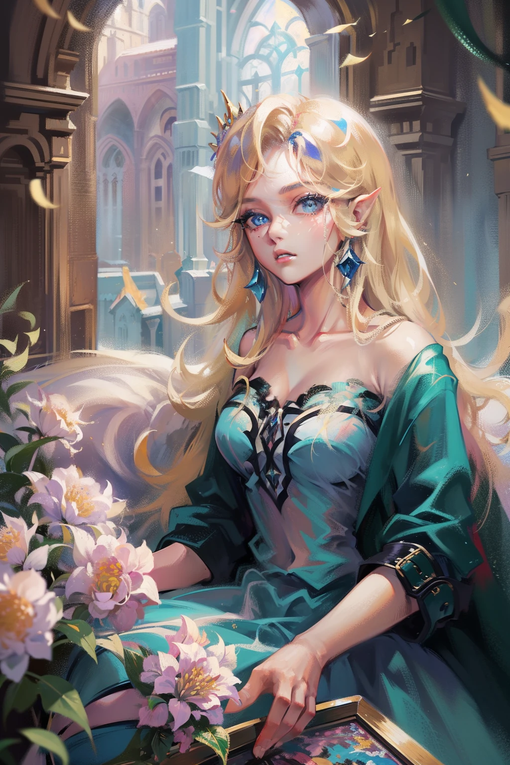 A woman sits in a huge makeup case，hold a flower, princess portrait, Guviz-style artwork, blond-haired princess, portrait of princess, Guviz, kazakh empress, portrait of a princess, portrait of princess zelda, in the art style of bowater, Baroque fluffy skirt，Fantasy art style, beautiful fantasy maiden，Exquisite and perfect facial features，美丽细致的眼睛，long eyelasher，Delicate eyeliner，Blue eyes，Dark pupils，There are highlights in the eyes，almond eyes，Beautiful lip details，8K high-definition，anatomy correct，Oil painting thick painting style