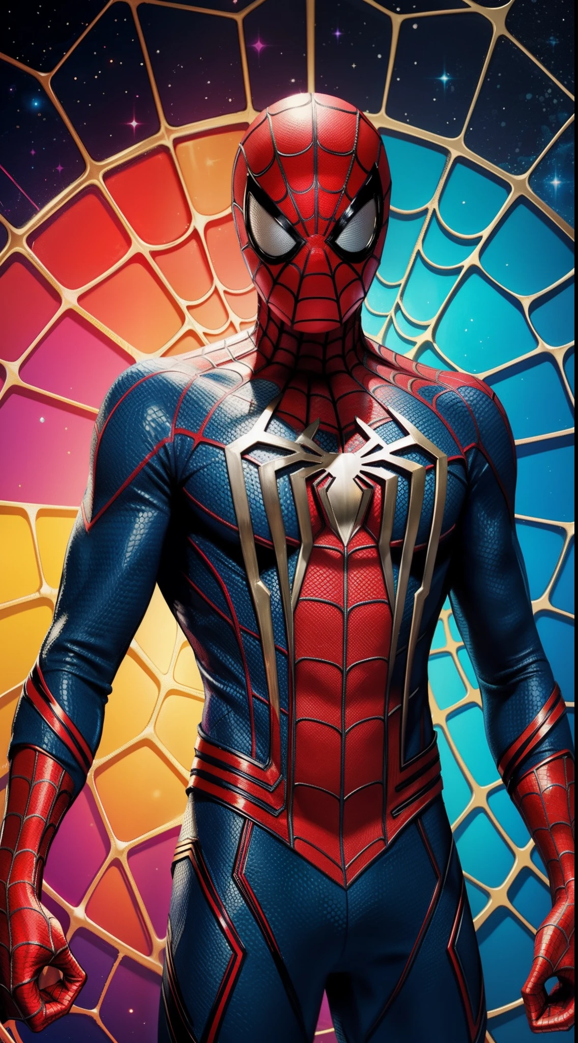 Cosmic Spider-Man из комиксов Marvel, Masterpiece, Best Quality, abstract, Psychedelic, Neon, (honeycomb pattern), (creative:1.3), Sy3, SMM, fantasy00d