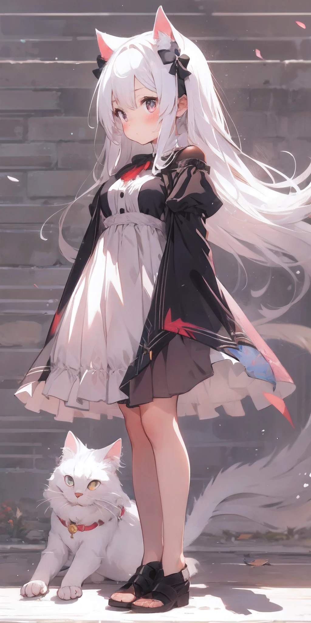 Anime girl with white hair and cat ears, ruby eyes, shy, blush, medium breast, bare legs, shoulders, dress, side view, high contrast, soft light, master piece, extraordinary nice