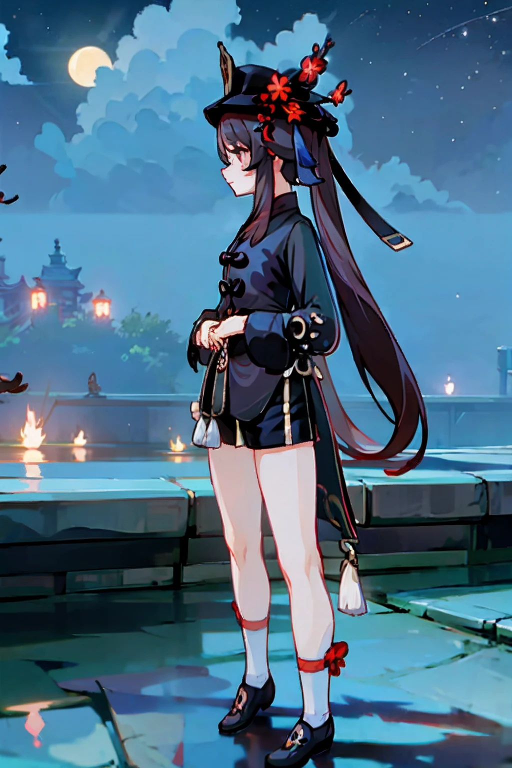 cute, girl hutao, smelling, standing in the water, night, moon behind body