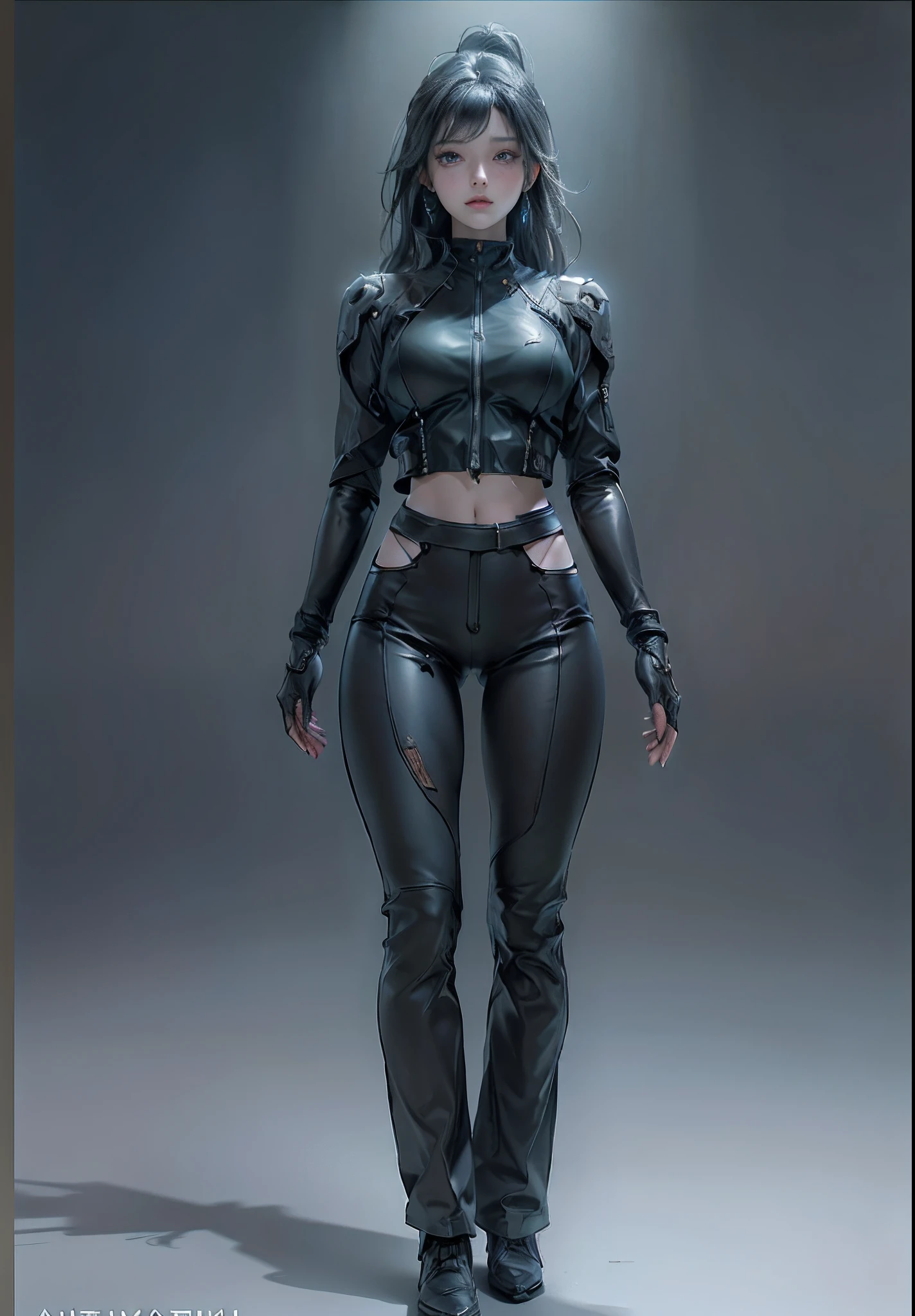 ((Best Quality)), ((Masterpiece)), (detail: 1.4), 3D, Beautiful Cyberpunk Female Image, Sideways, Broken Black Tights, Leather Clothes, Hips, Mechanical, HDR (High Dynamic Range), Ray Tracing, NVIDIA RTX, Super Resolution, Unreal 5, Subsurface Scattering, PBR Textures, Post Processing, Anisotropic Filtering, Depth of Field, Maximum Sharpness and Acutance, Multi-layer Textures, Albedo and Highlight Maps, Surface Coloring, Accurate Simulation of Light-Material Interactions , Perfect Proportions, Octane Rendering, Two-tone Lighting, Wide Aperture, Low ISO, White Balance, Rule of Thirds, 8K RAW, Masterpiece, Best Quality, (8k Very Detailed CG Unit Wallpaper) (Best Quality), (Best Illustration), (Best Shadow)